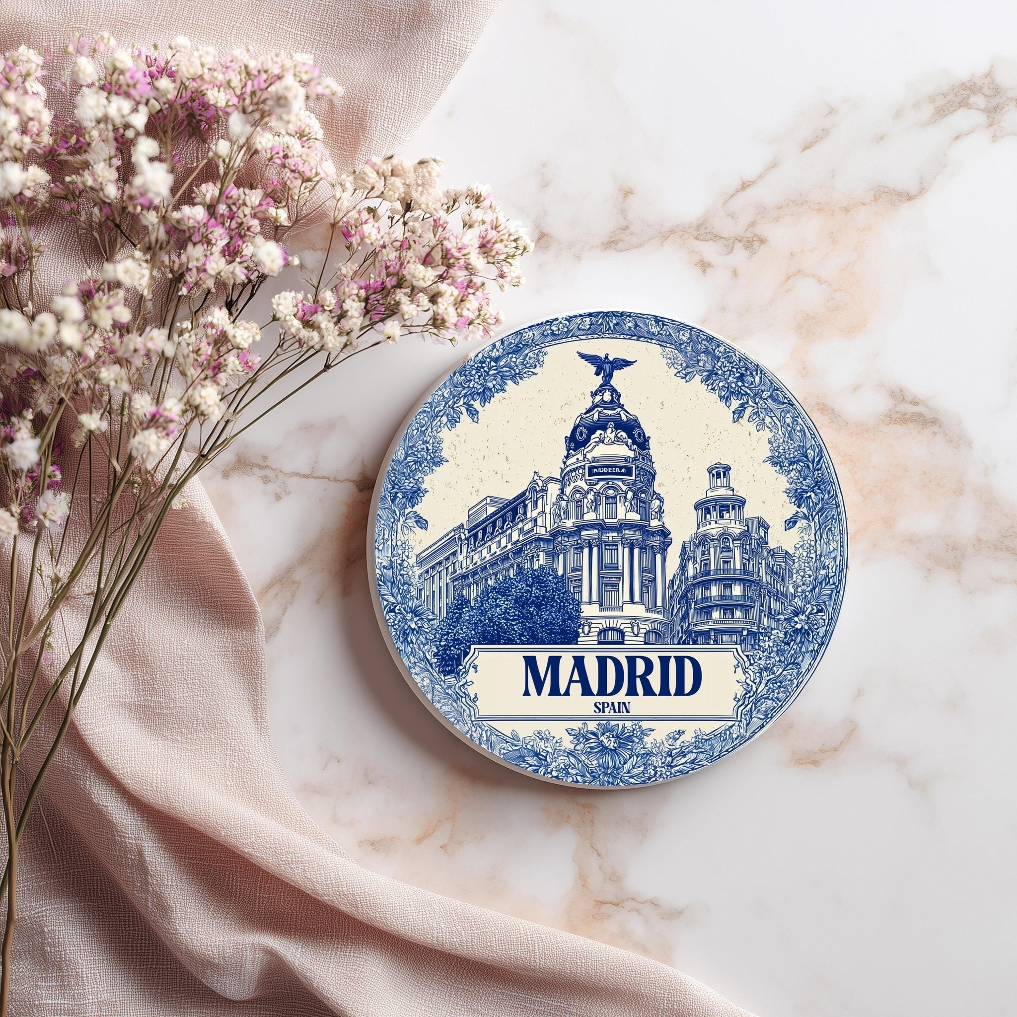 Madrid Spain Delftware Ceramic Coaster, Blue White Travel Gift, Vintage Home Decor Collectible - CuteBeePix