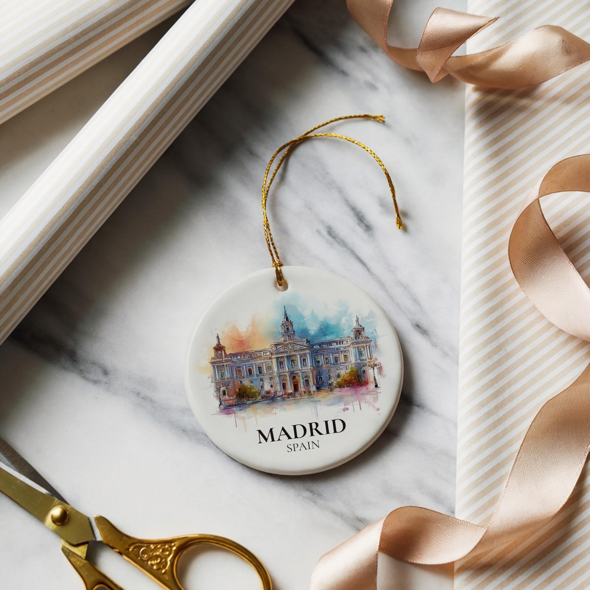 Madrid Spain Personalized Watercolor Ornament, Custom Ceramic Christmas gift, Travel Keepsake - CuteBeePix