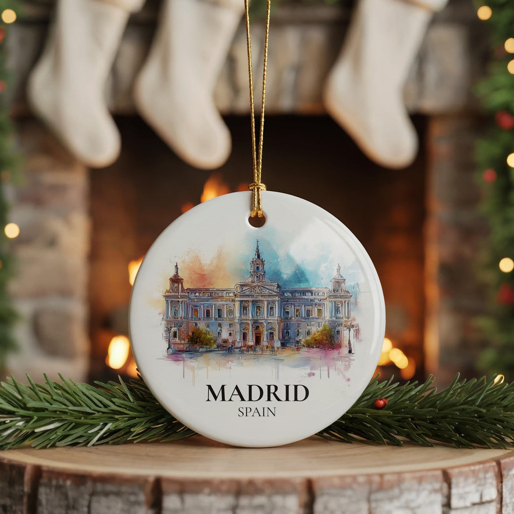 Madrid Spain Personalized Watercolor Ornament, Custom Ceramic Christmas gift, Travel Keepsake - CuteBeePix