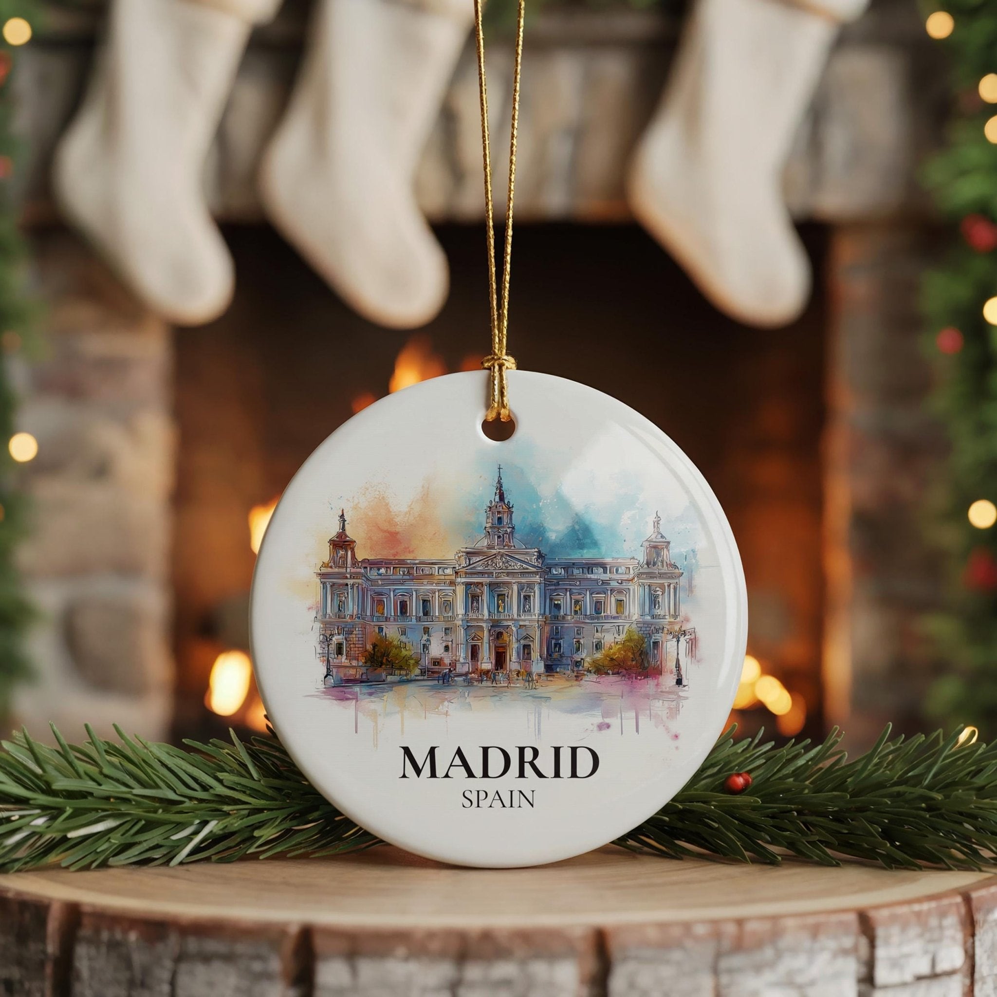 Madrid Spain Personalized Watercolor Ornament, Custom Ceramic Christmas gift, Travel Keepsake - CuteBeePix