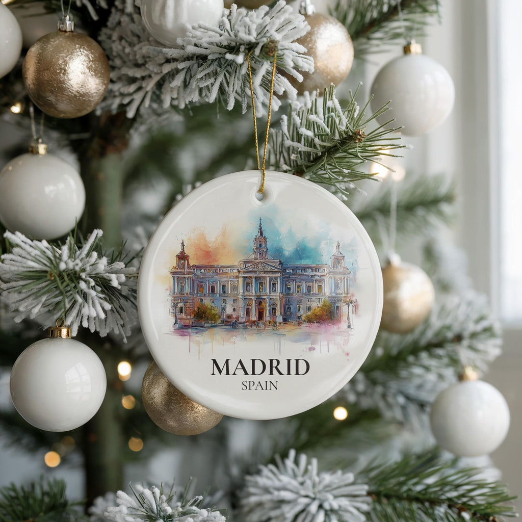 Madrid Spain Personalized Watercolor Ornament, Custom Ceramic Christmas gift, Travel Keepsake - CuteBeePix
