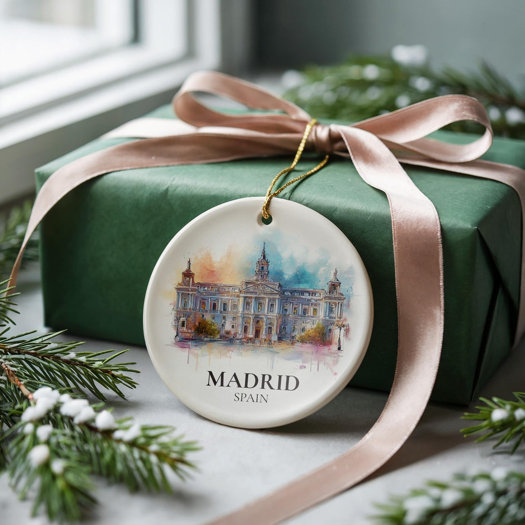 Madrid Spain Personalized Watercolor Ornament, Custom Ceramic Christmas gift, Travel Keepsake - CuteBeePix