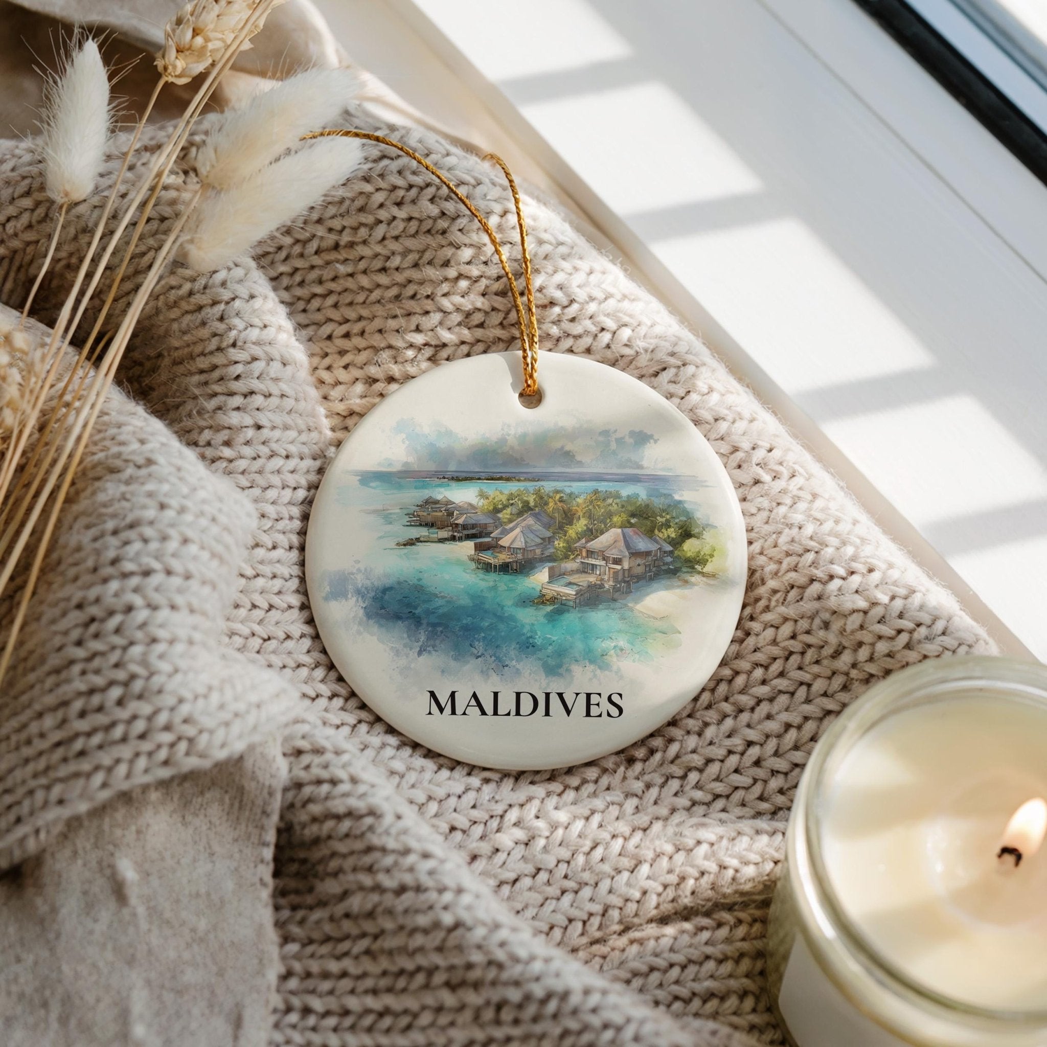 Maldives Custom Watercolor Ornament, Personalized Watercolor Ornament Ceramic Christmas gift, Travel Keepsake - CuteBeePix