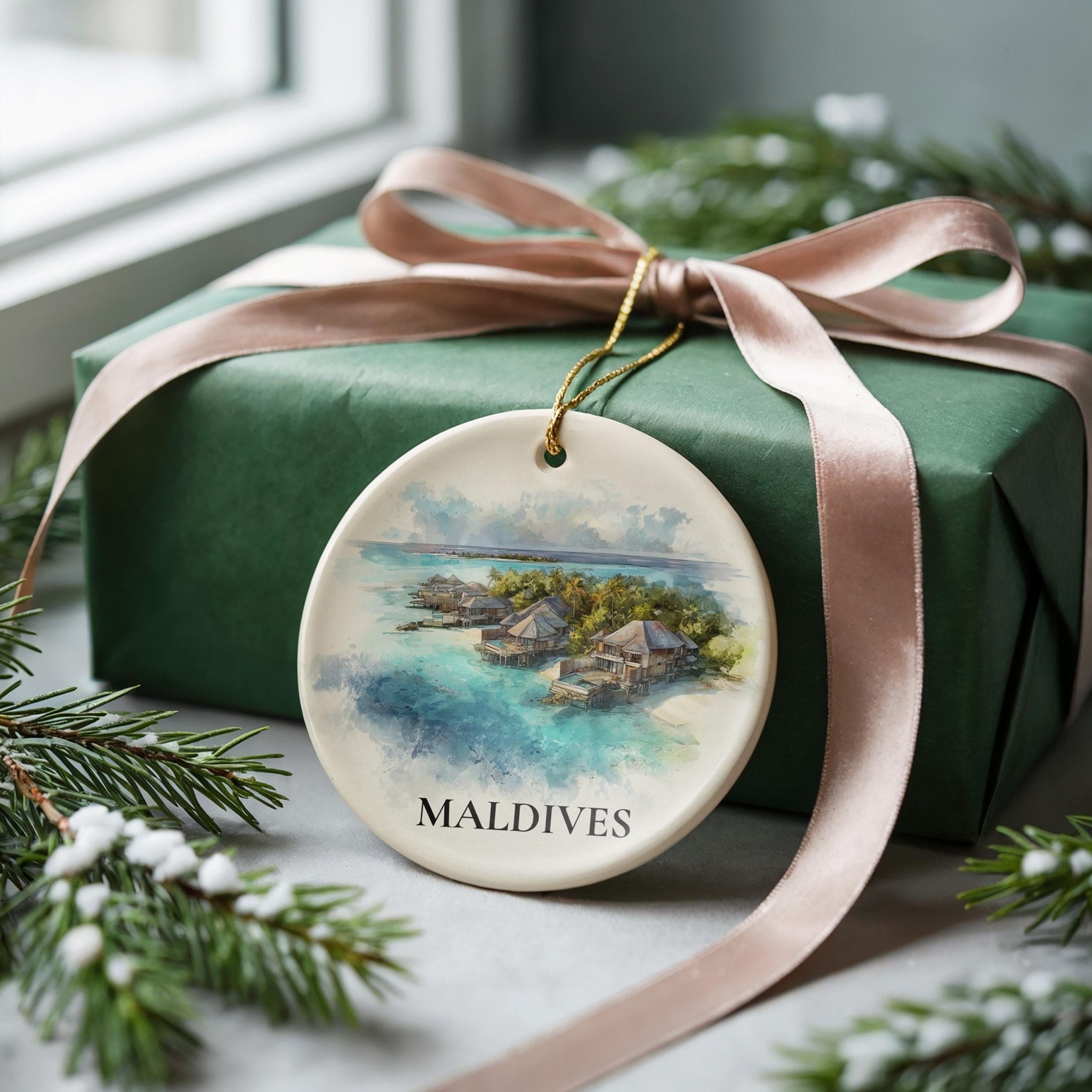 Maldives Custom Watercolor Ornament, Personalized Watercolor Ornament Ceramic Christmas gift, Travel Keepsake - CuteBeePix