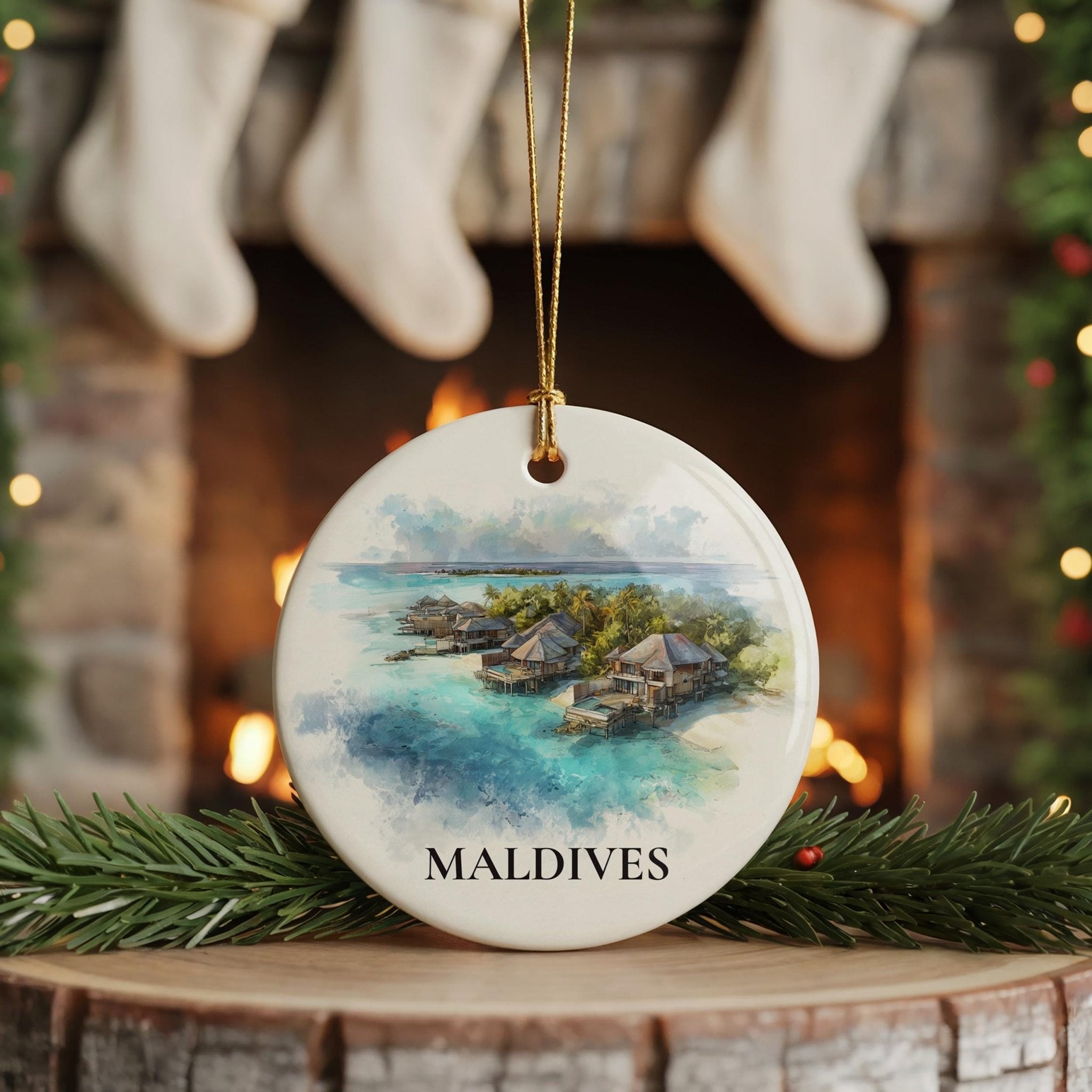 Maldives Custom Watercolor Ornament, Personalized Watercolor Ornament Ceramic Christmas gift, Travel Keepsake - CuteBeePix
