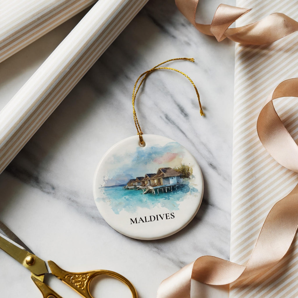 Maldives Personalized Watercolor Ornament, Custom Ceramic Christmas gift, Travel Keepsake - CuteBeePix