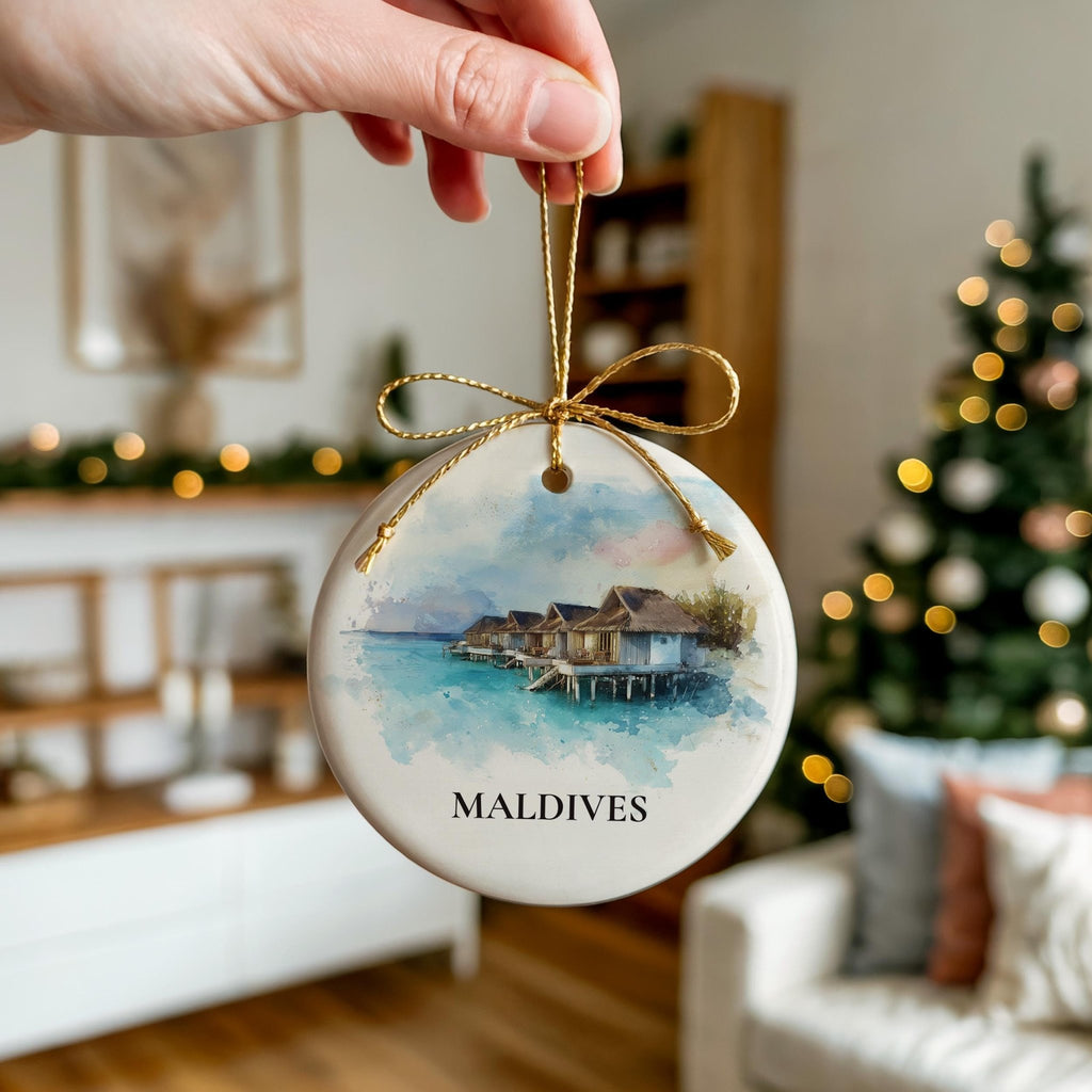 Maldives Personalized Watercolor Ornament, Custom Ceramic Christmas gift, Travel Keepsake - CuteBeePix