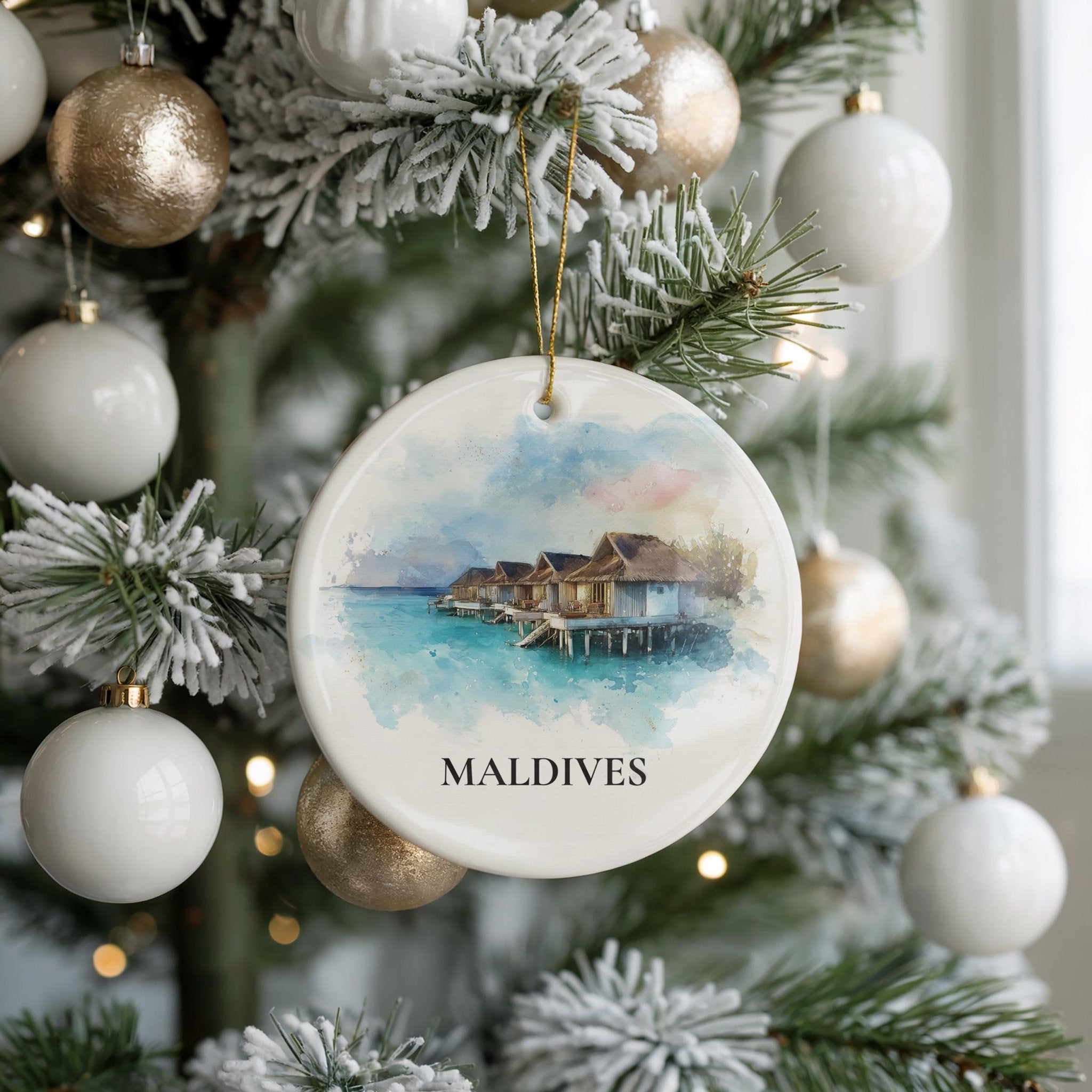 Maldives Personalized Watercolor Ornament, Custom Ceramic Christmas gift, Travel Keepsake - CuteBeePix