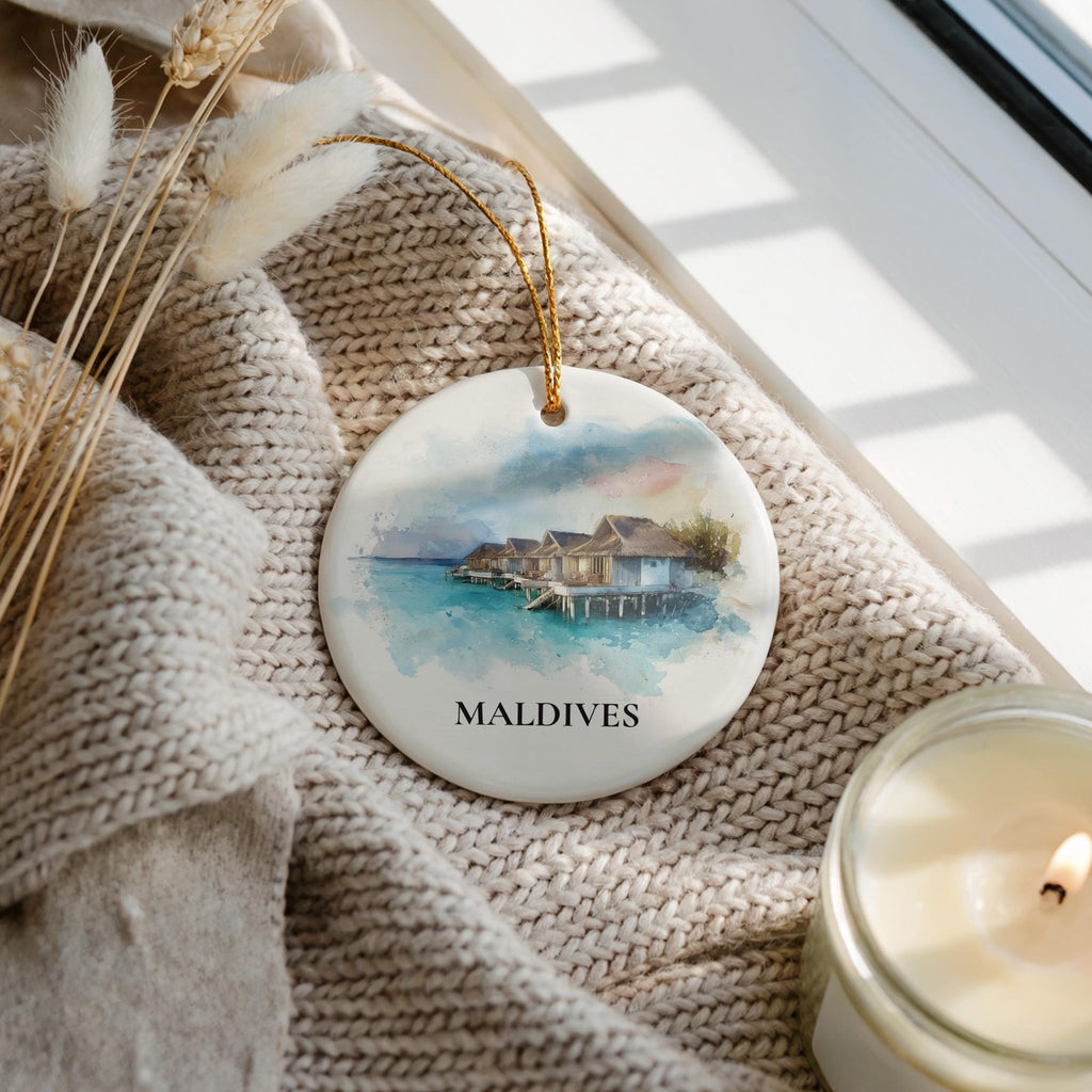 Maldives Personalized Watercolor Ornament, Custom Ceramic Christmas gift, Travel Keepsake - CuteBeePix