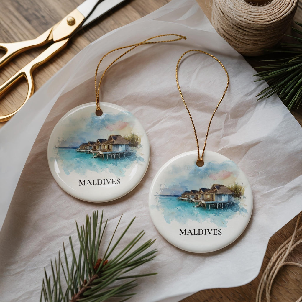 Maldives Personalized Watercolor Ornament, Custom Ceramic Christmas gift, Travel Keepsake - CuteBeePix