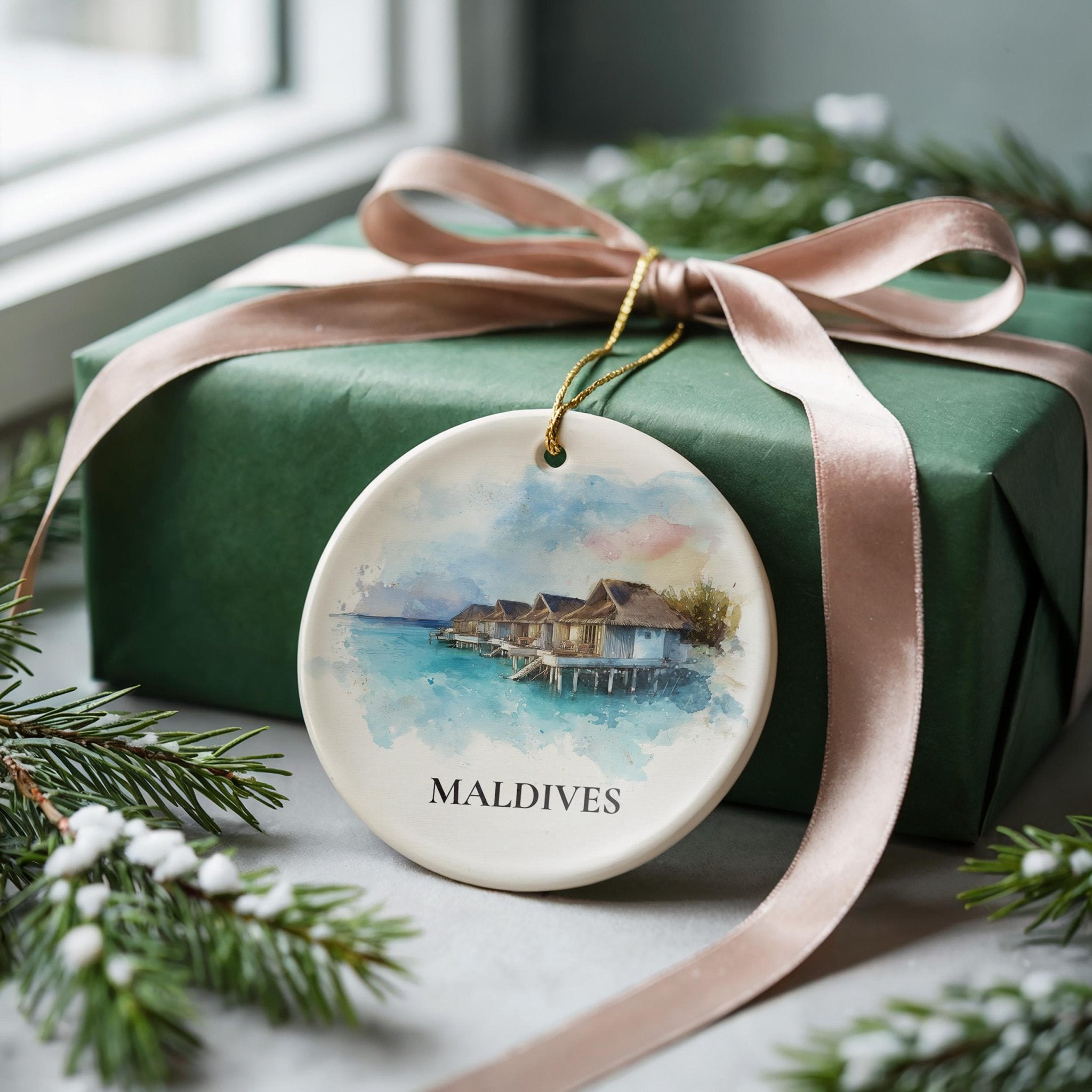 Maldives Personalized Watercolor Ornament, Custom Ceramic Christmas gift, Travel Keepsake - CuteBeePix