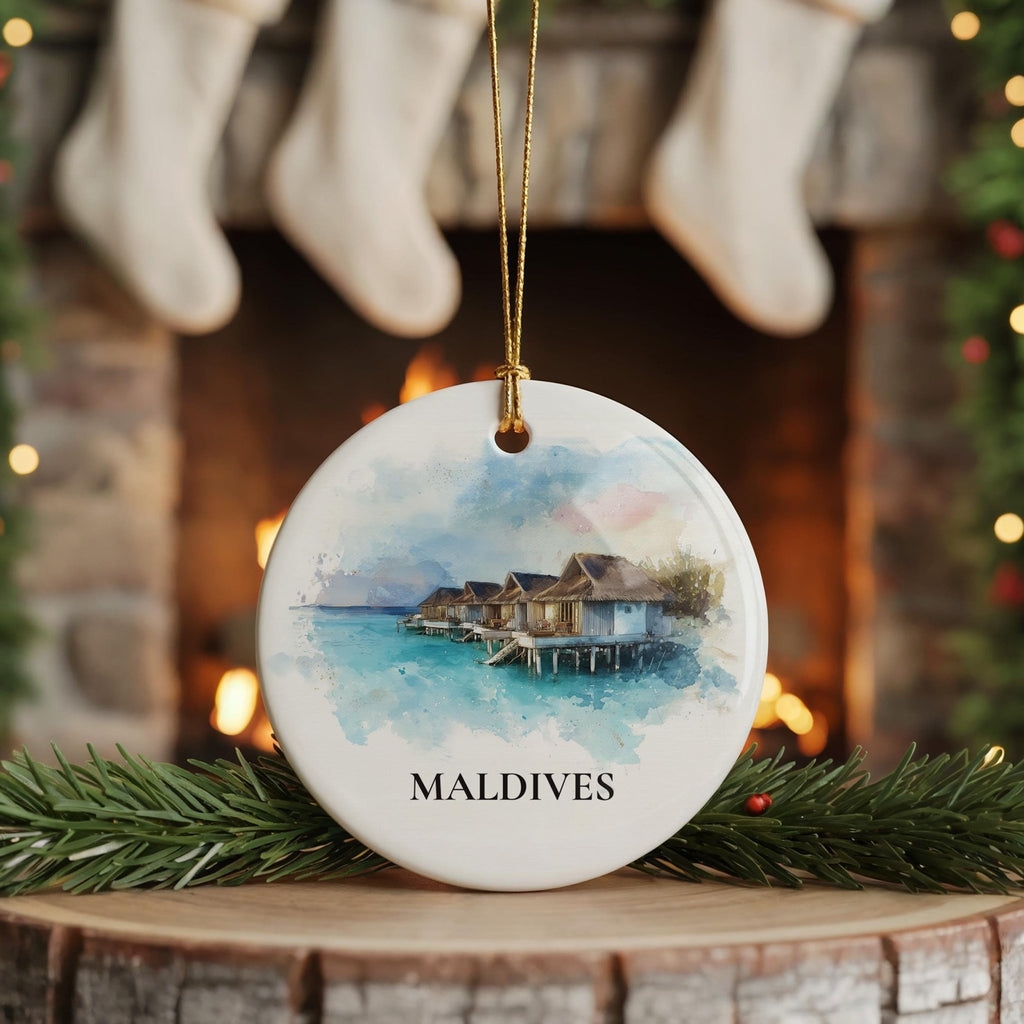 Maldives Personalized Watercolor Ornament, Custom Ceramic Christmas gift, Travel Keepsake - CuteBeePix