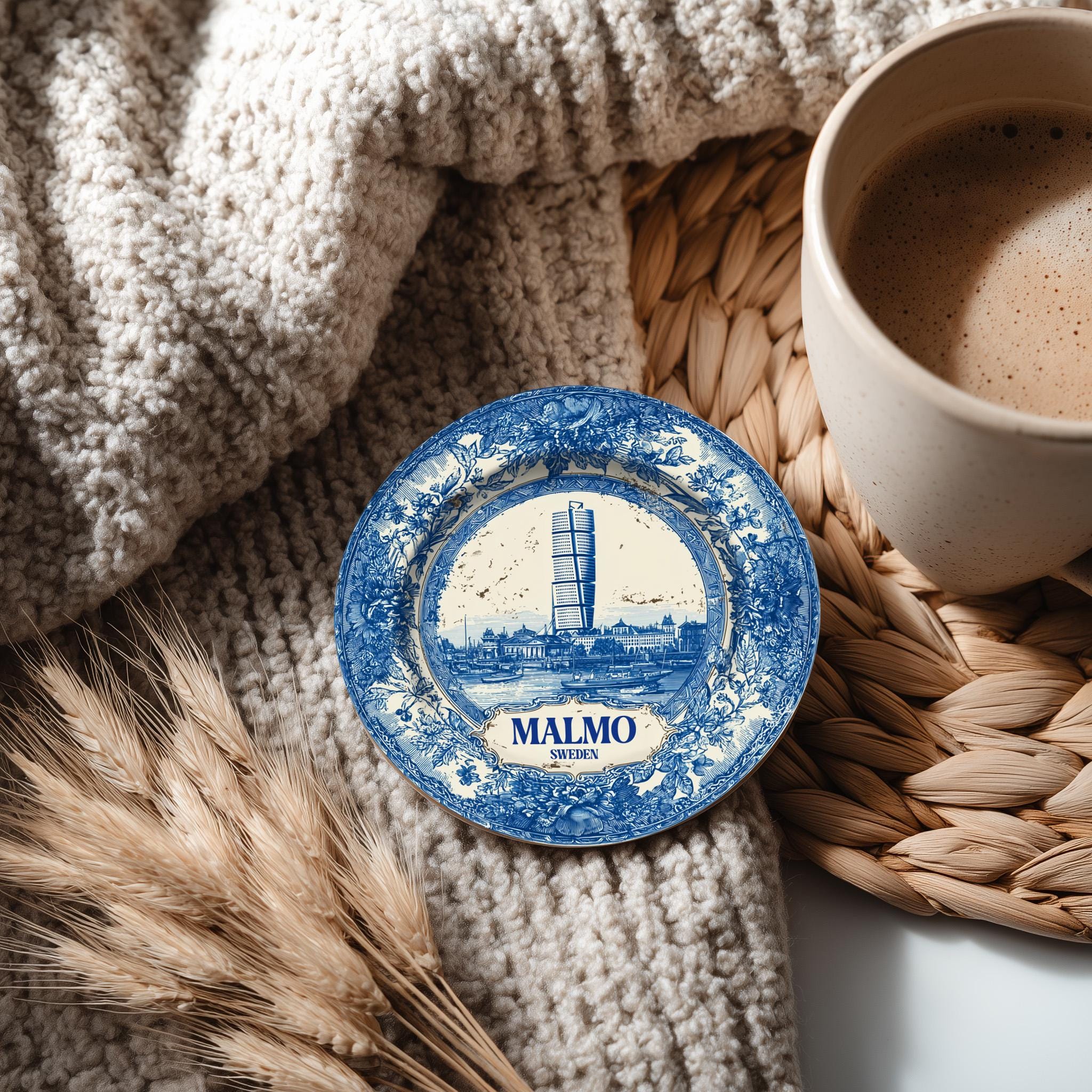 Malmo Sweden Delftware Ceramic Coaster, Blue White Travel Gift, Vintage Home Decor Collectible - CuteBeePix