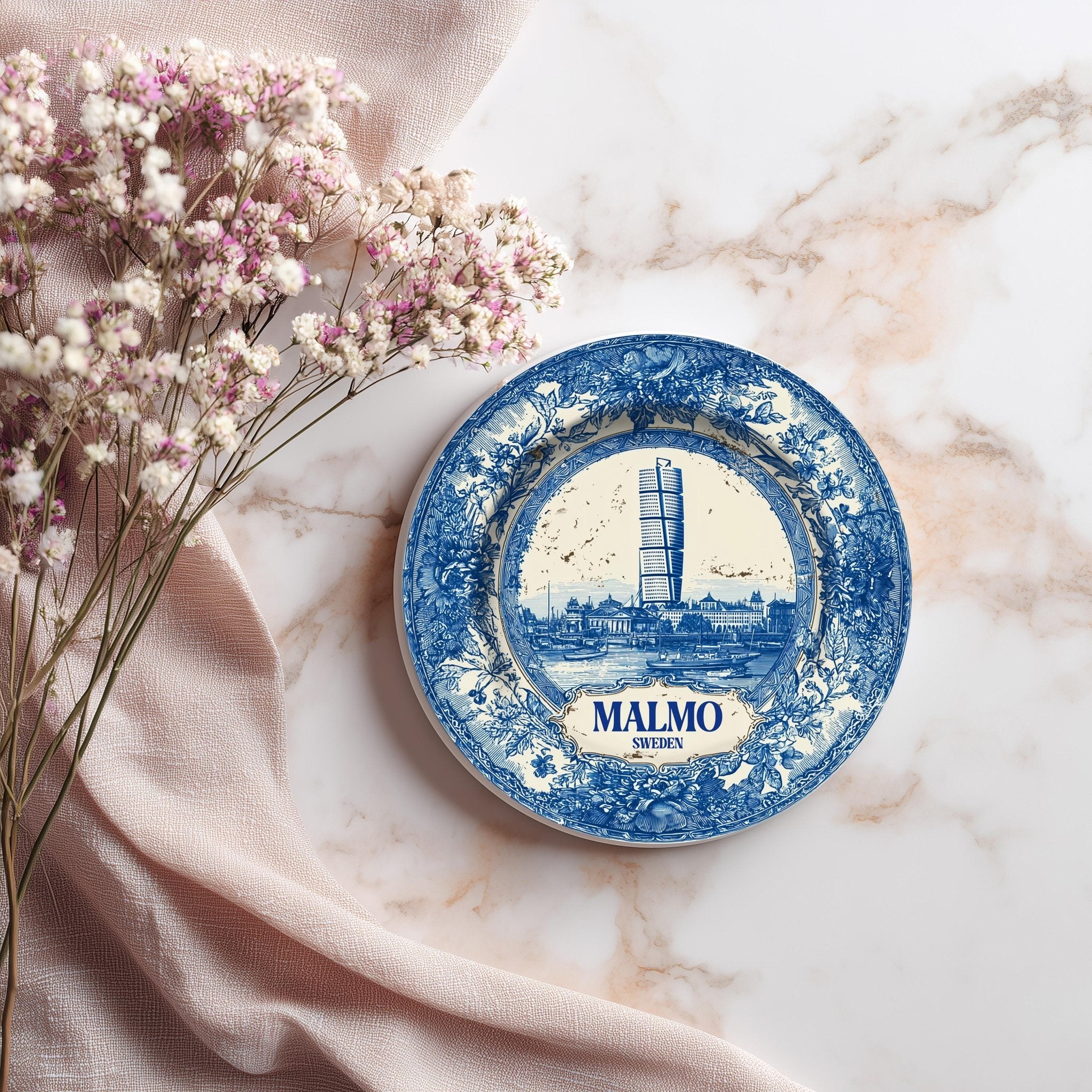 Malmo Sweden Delftware Ceramic Coaster, Blue White Travel Gift, Vintage Home Decor Collectible - CuteBeePix