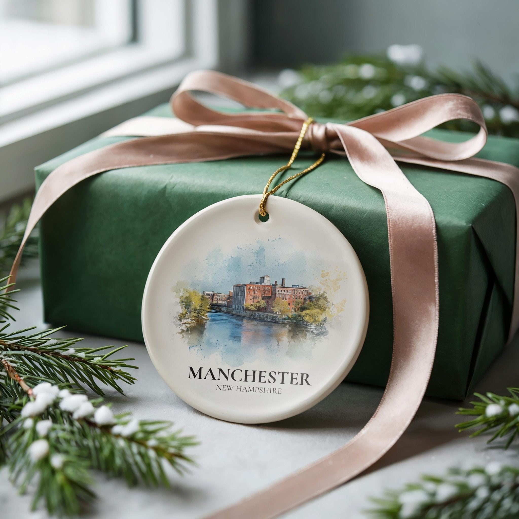 Manchester New Hampshire Personalized Watercolor Ornament, Custom Ceramic Christmas gift, Travel Keepsake - CuteBeePix