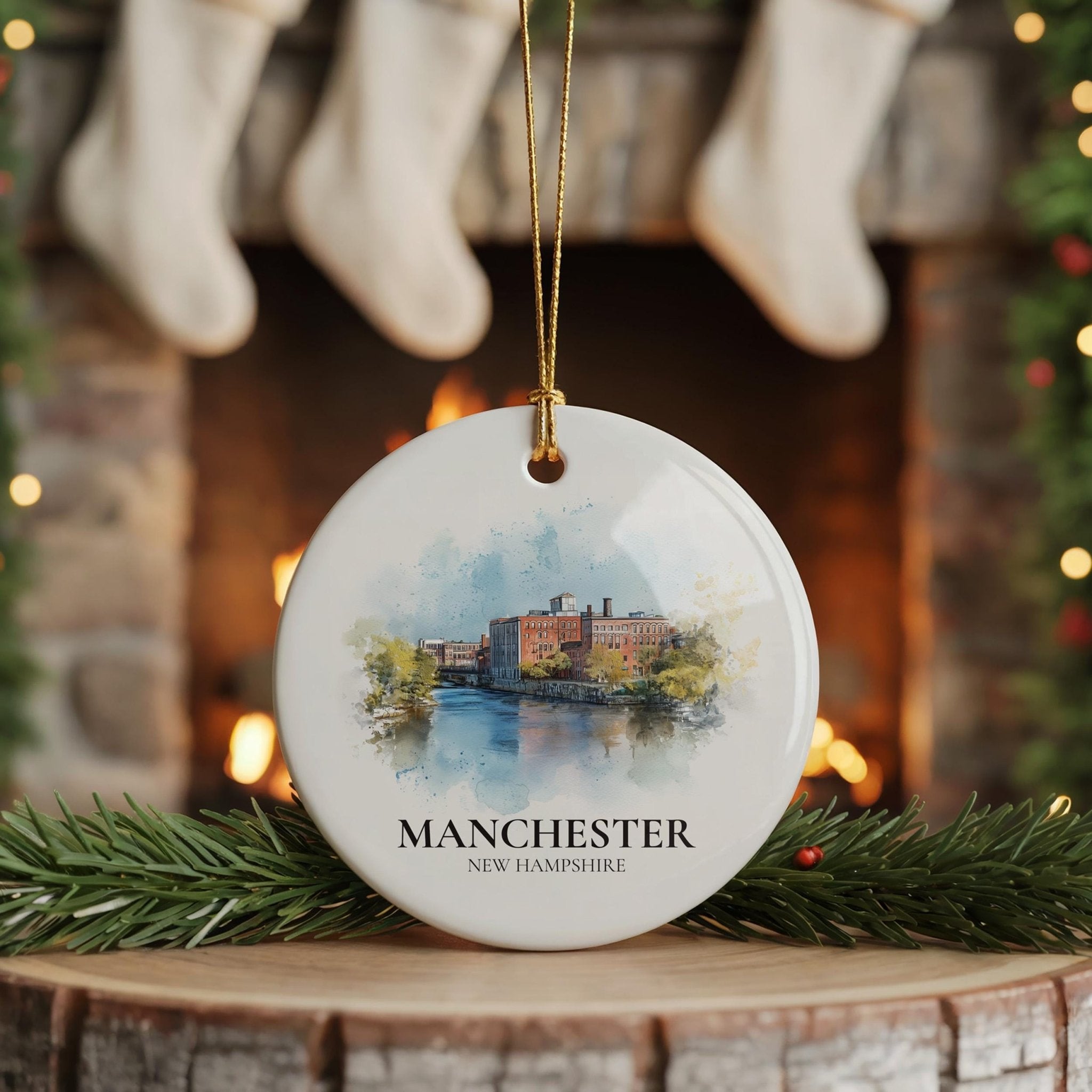 Manchester New Hampshire Personalized Watercolor Ornament, Custom Ceramic Christmas gift, Travel Keepsake - CuteBeePix