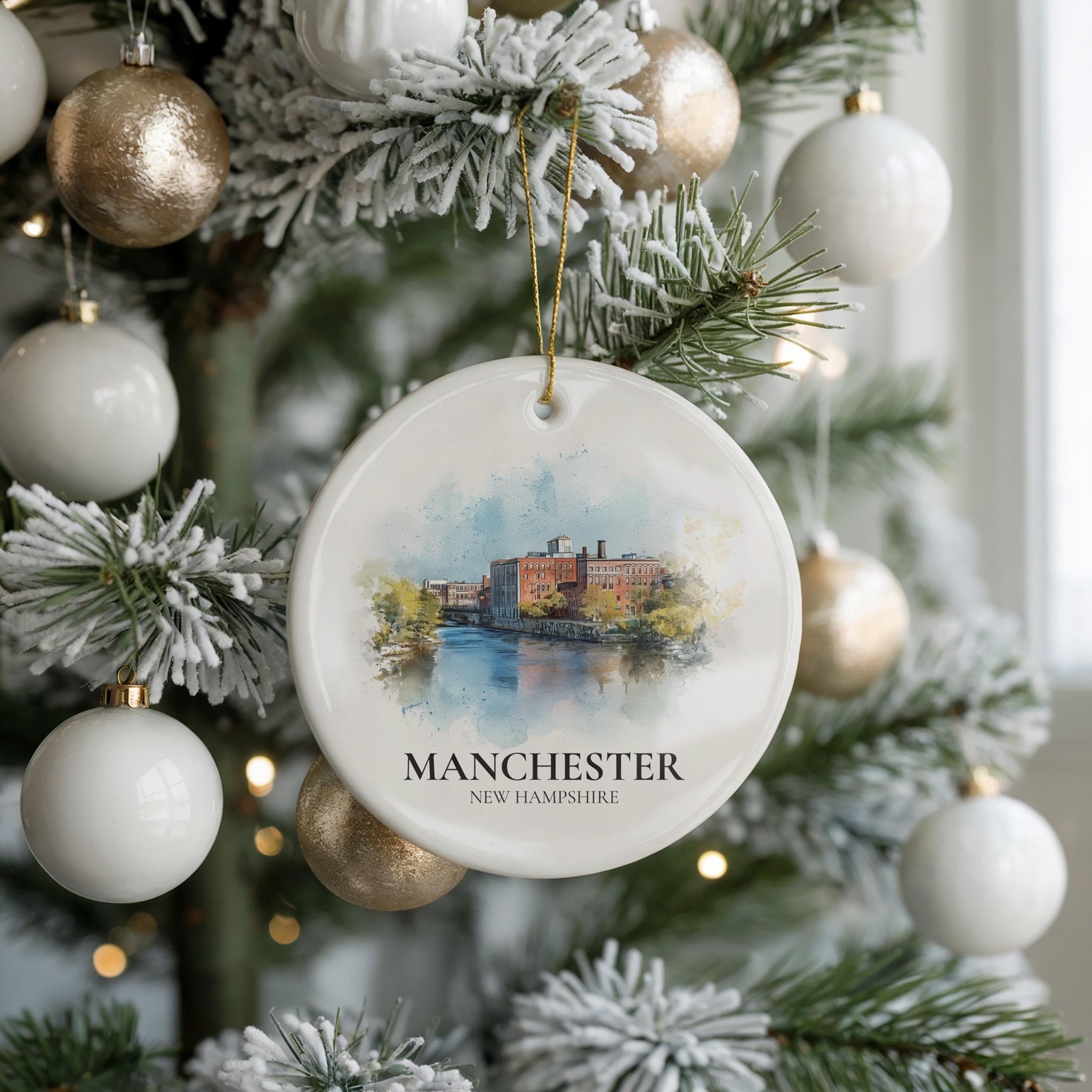 Manchester New Hampshire Personalized Watercolor Ornament, Custom Ceramic Christmas gift, Travel Keepsake - CuteBeePix