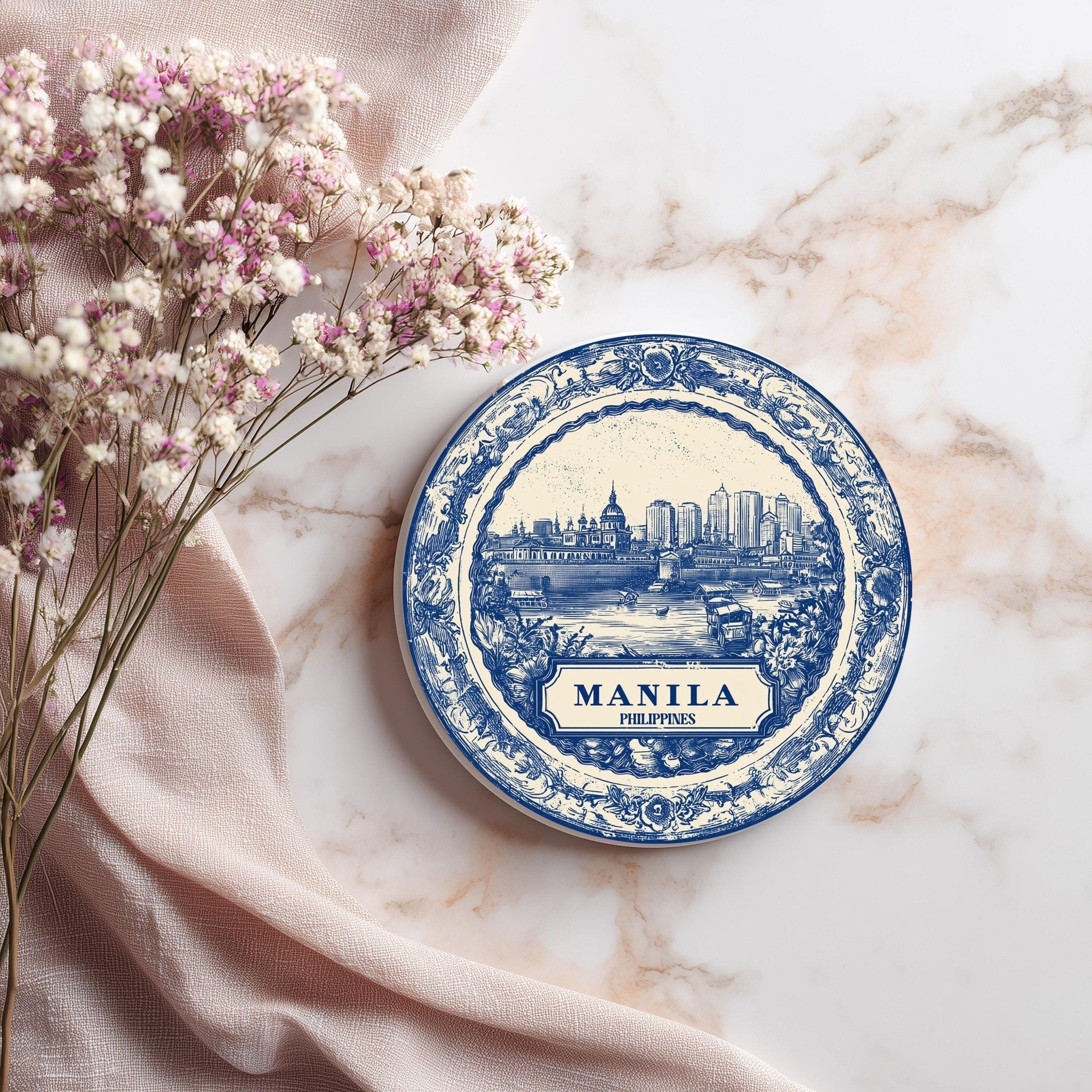 Manila Philippines Delftware Ceramic Coaster, Blue White Travel Gift, Vintage Home Decor Collectible - CuteBeePix