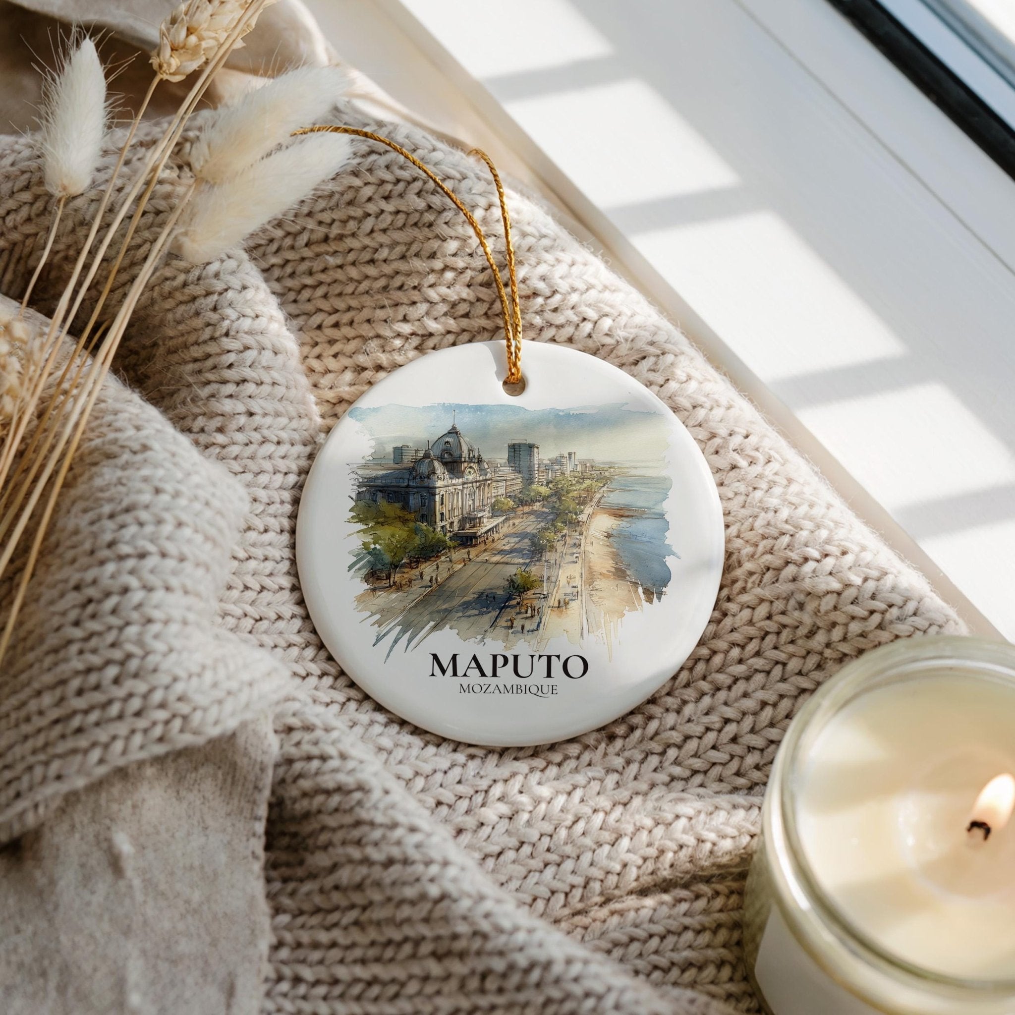 Maputo Mozambique Personalized Watercolor Ornament, Custom Ceramic Christmas gift, Travel Keepsake - CuteBeePix