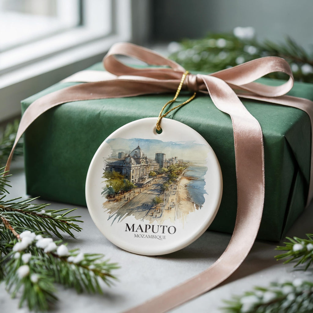 Maputo Mozambique Personalized Watercolor Ornament, Custom Ceramic Christmas gift, Travel Keepsake - CuteBeePix