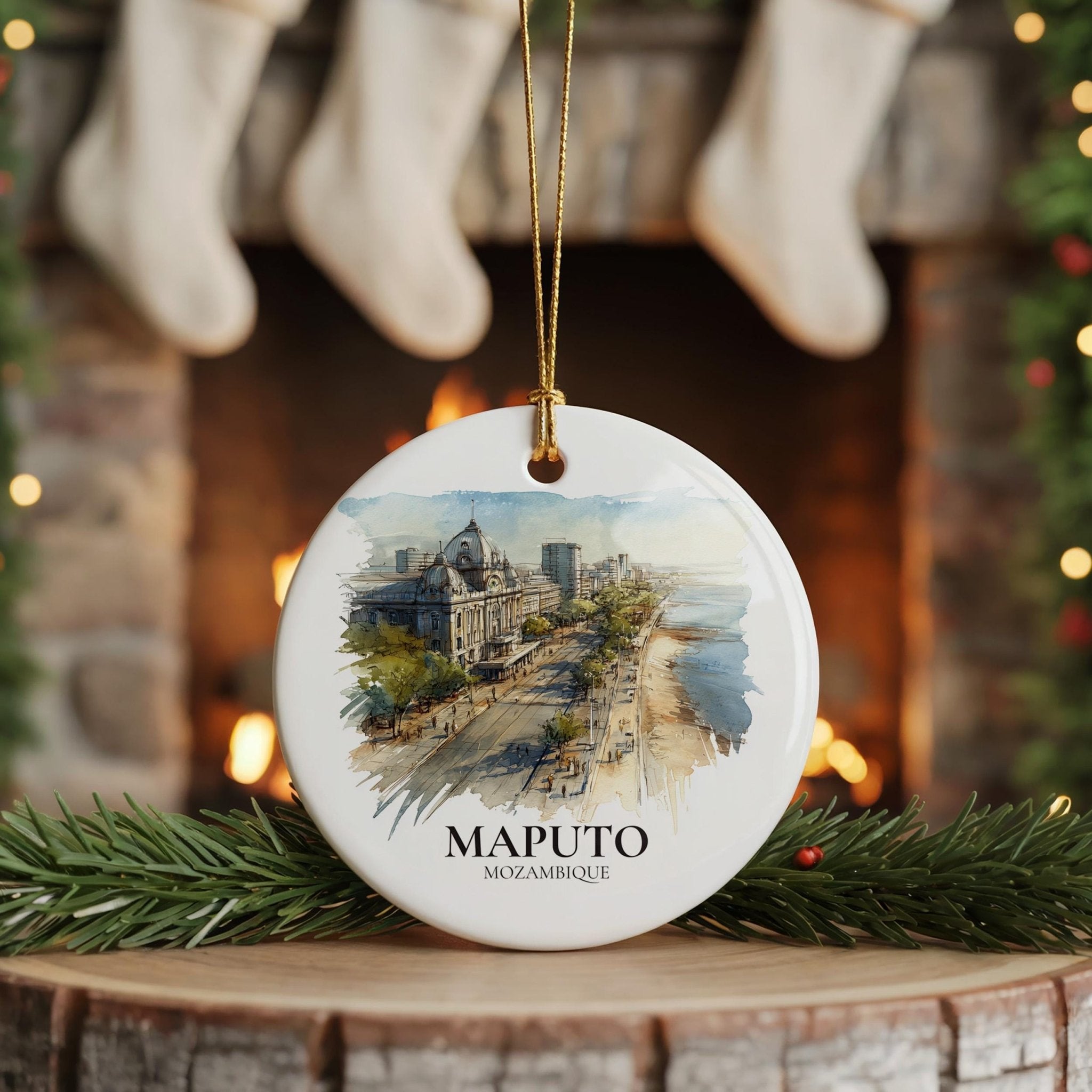 Maputo Mozambique Personalized Watercolor Ornament, Custom Ceramic Christmas gift, Travel Keepsake - CuteBeePix