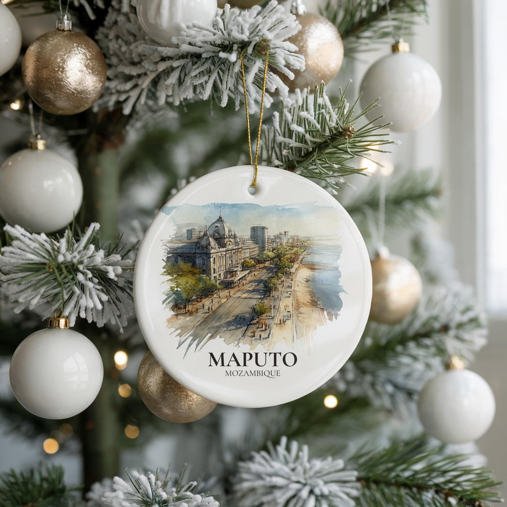 Maputo Mozambique Personalized Watercolor Ornament, Custom Ceramic Christmas gift, Travel Keepsake - CuteBeePix