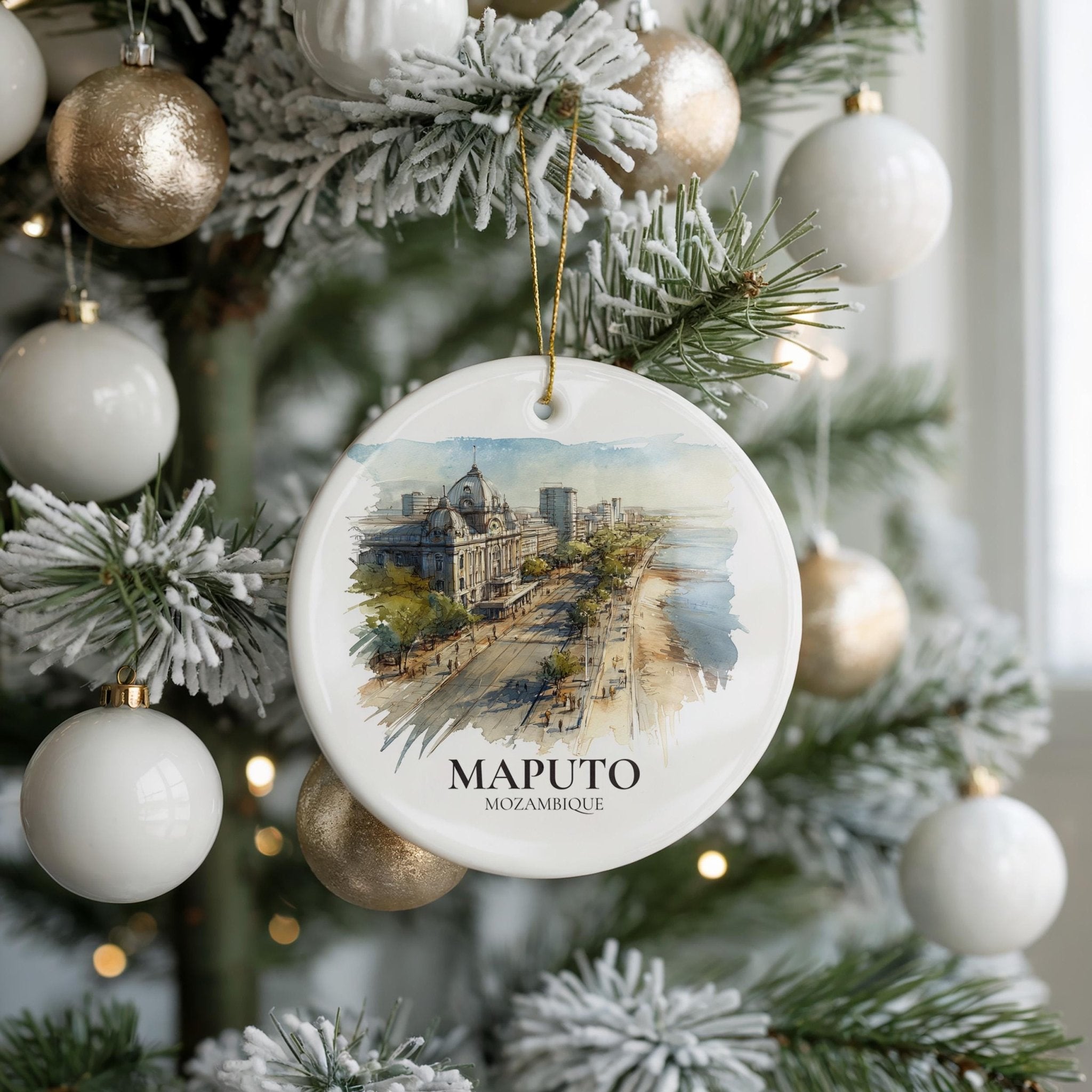 Maputo Mozambique Personalized Watercolor Ornament, Custom Ceramic Christmas gift, Travel Keepsake - CuteBeePix
