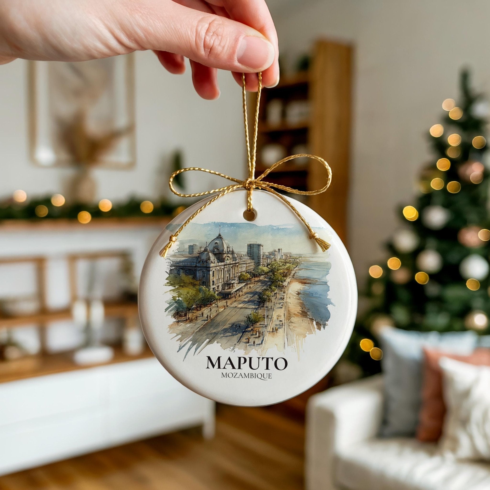 Maputo Mozambique Personalized Watercolor Ornament, Custom Ceramic Christmas gift, Travel Keepsake - CuteBeePix
