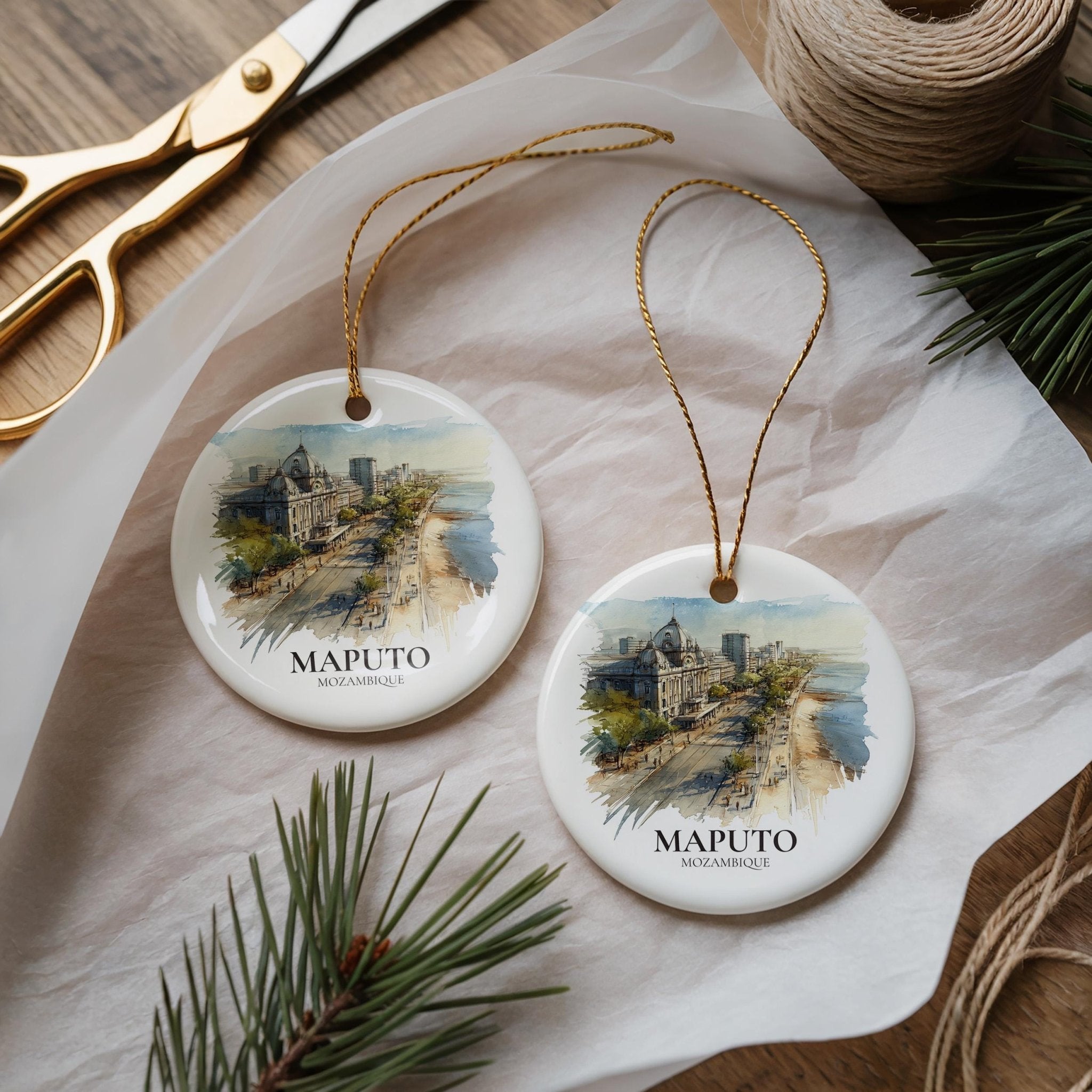 Maputo Mozambique Personalized Watercolor Ornament, Custom Ceramic Christmas gift, Travel Keepsake - CuteBeePix