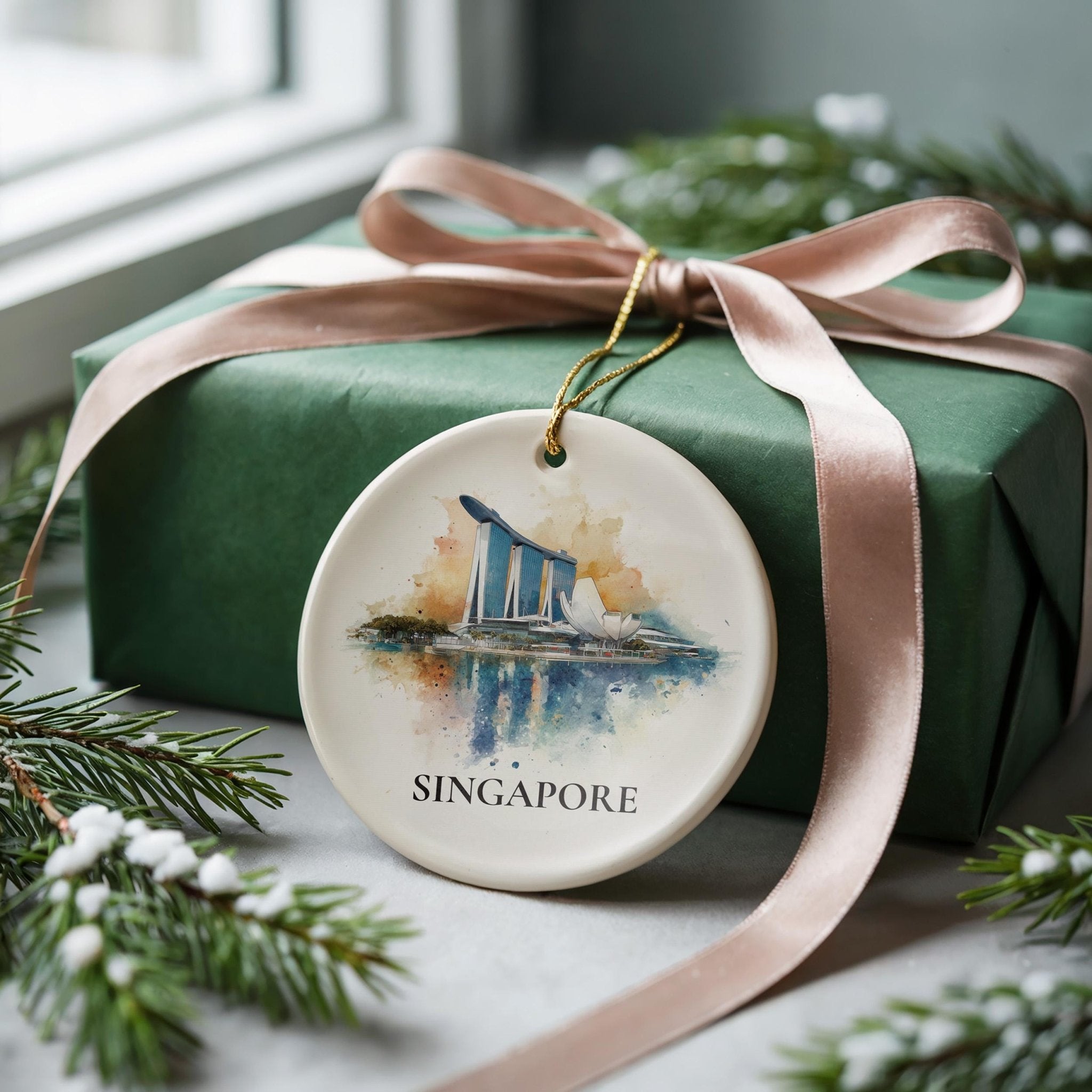 Marina Bay Singapore Personalized Watercolor Ornament, Custom Ceramic Christmas gift, Travel Keepsake - CuteBeePix