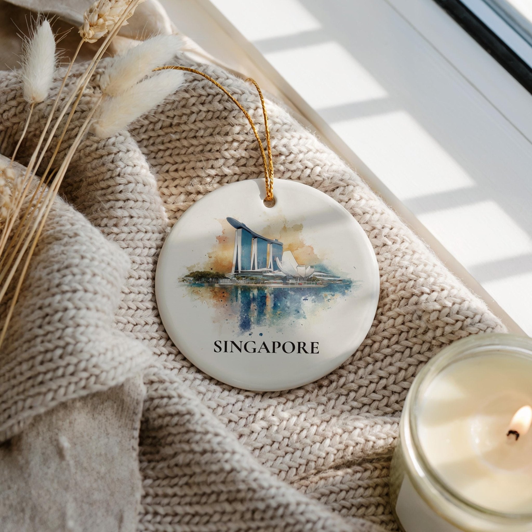 Marina Bay Singapore Personalized Watercolor Ornament, Custom Ceramic Christmas gift, Travel Keepsake - CuteBeePix