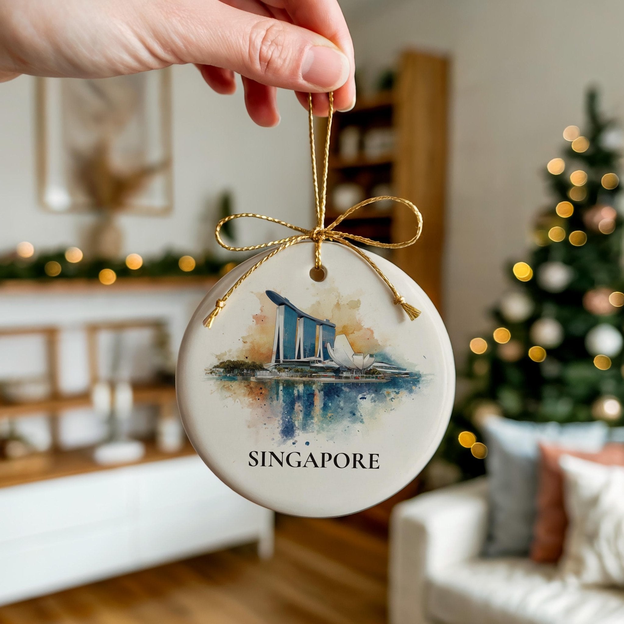 Marina Bay Singapore Personalized Watercolor Ornament, Custom Ceramic Christmas gift, Travel Keepsake - CuteBeePix
