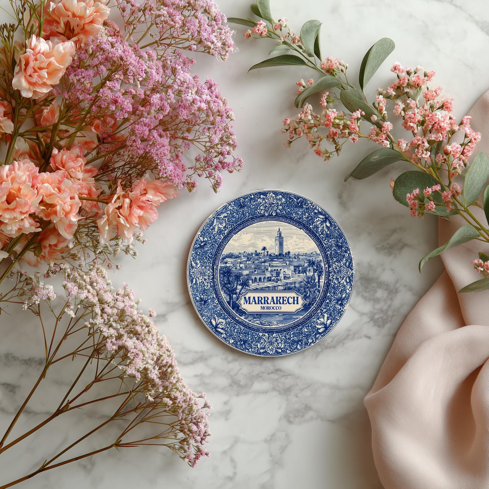 Marrakech Morocco Delftware Ceramic Coaster, Blue White Travel Gift, Vintage Home Decor Collectible - CuteBeePix