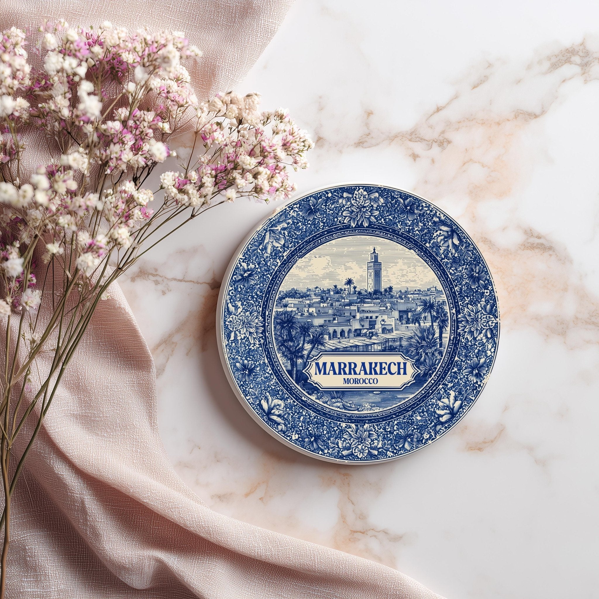 Marrakech Morocco Delftware Ceramic Coaster, Blue White Travel Gift, Vintage Home Decor Collectible - CuteBeePix