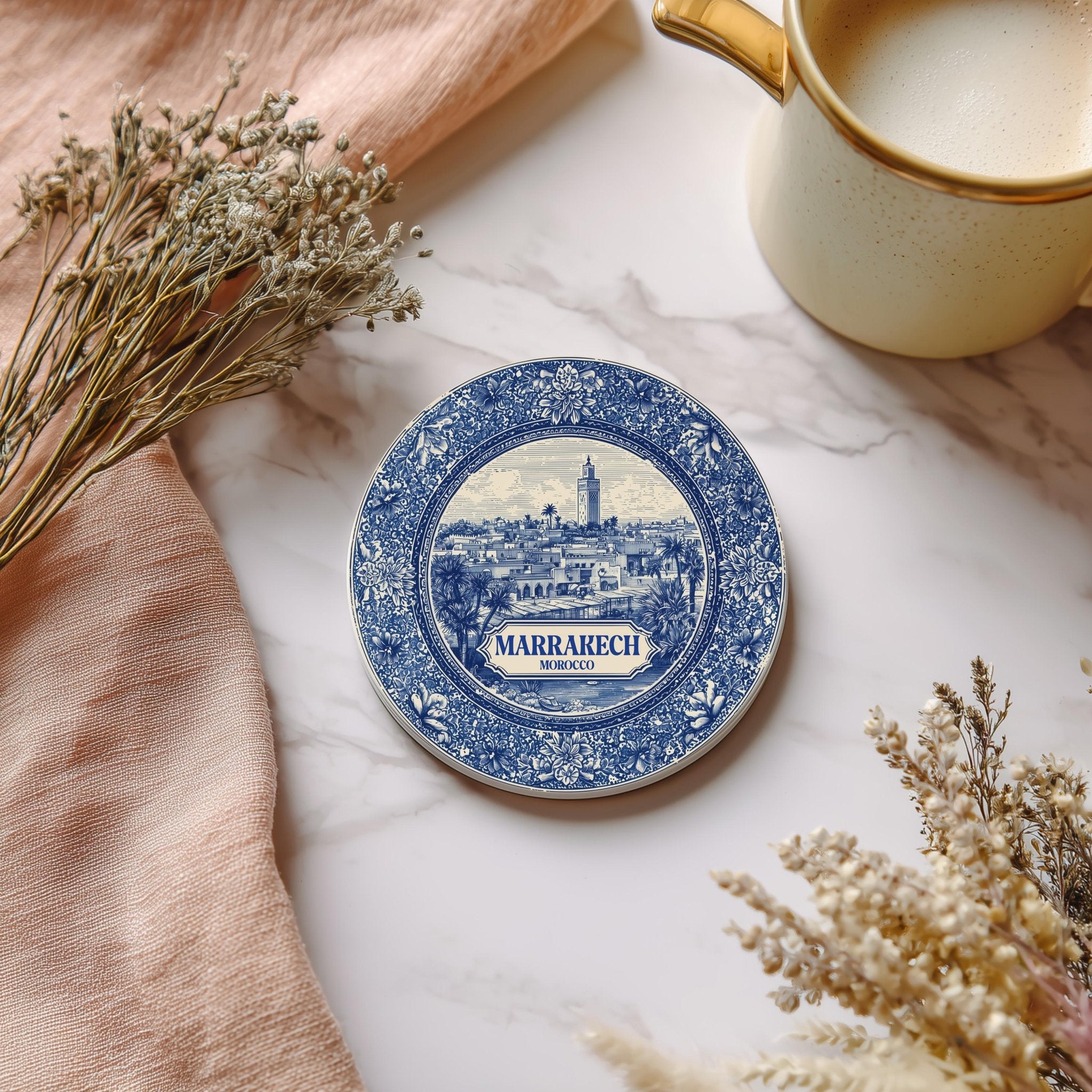 Marrakech Morocco Delftware Ceramic Coaster, Blue White Travel Gift, Vintage Home Decor Collectible - CuteBeePix