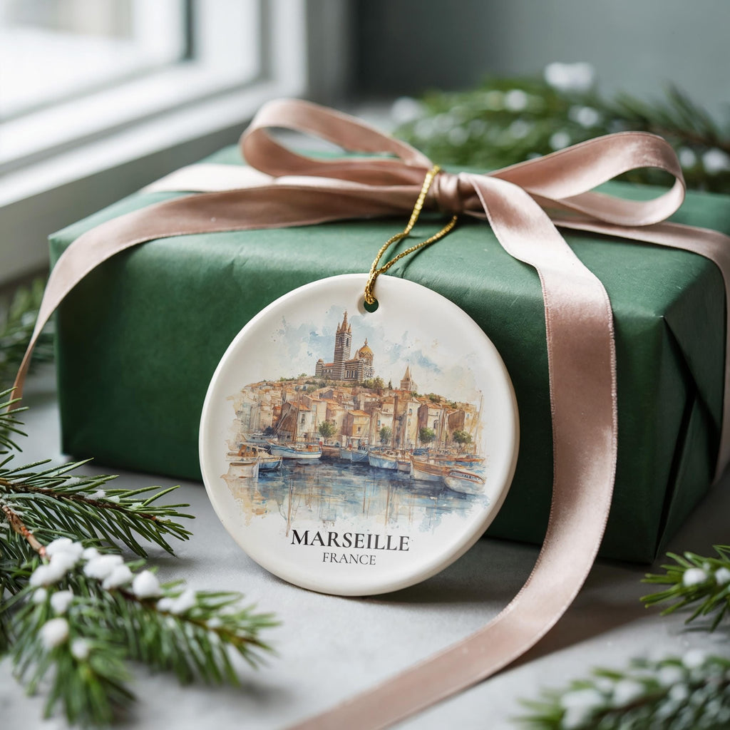 Marseille France Personalized Watercolor Ornament, Custom Ceramic Christmas gift, Travel Keepsake - CuteBeePix