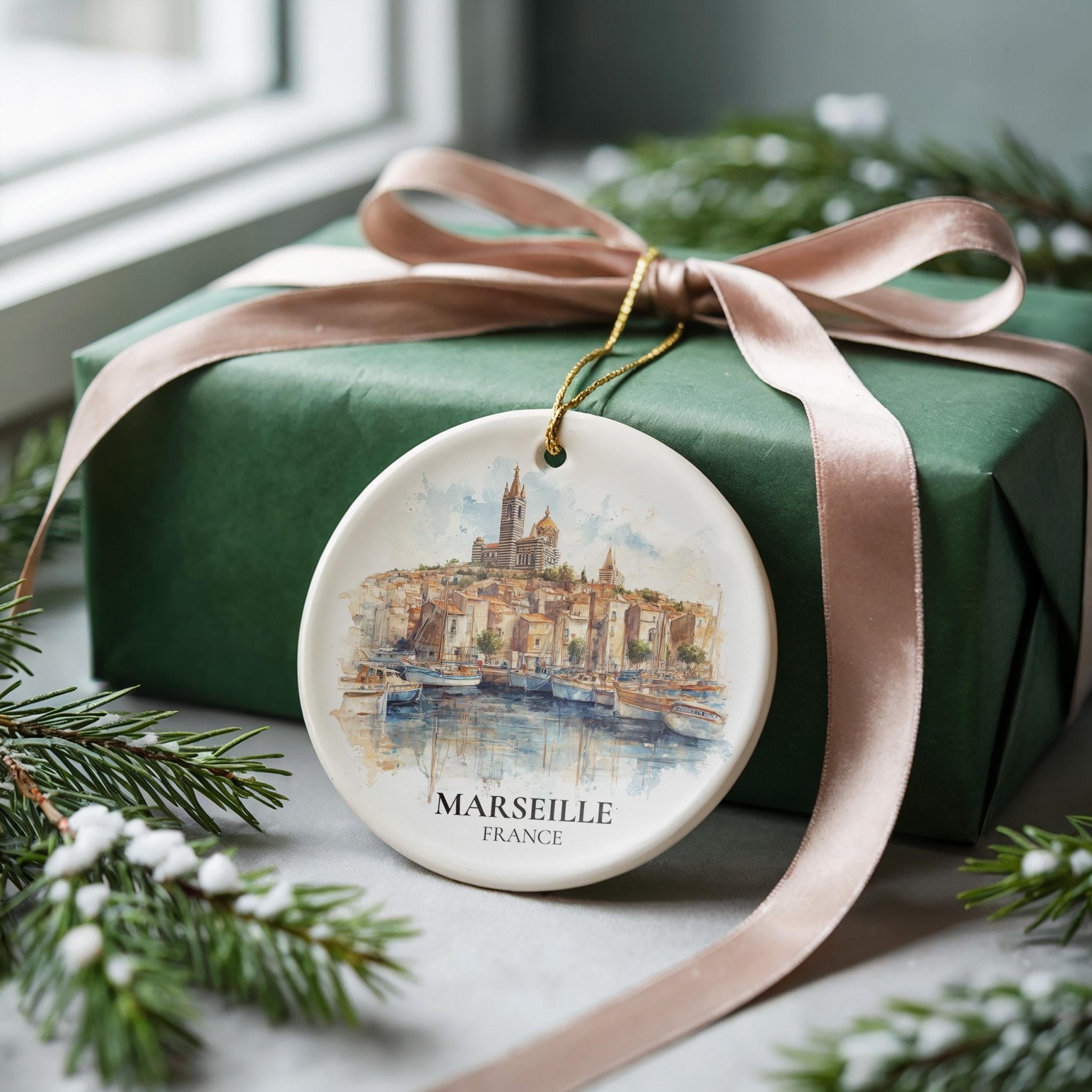 Marseille France Personalized Watercolor Ornament, Custom Ceramic Christmas gift, Travel Keepsake - CuteBeePix