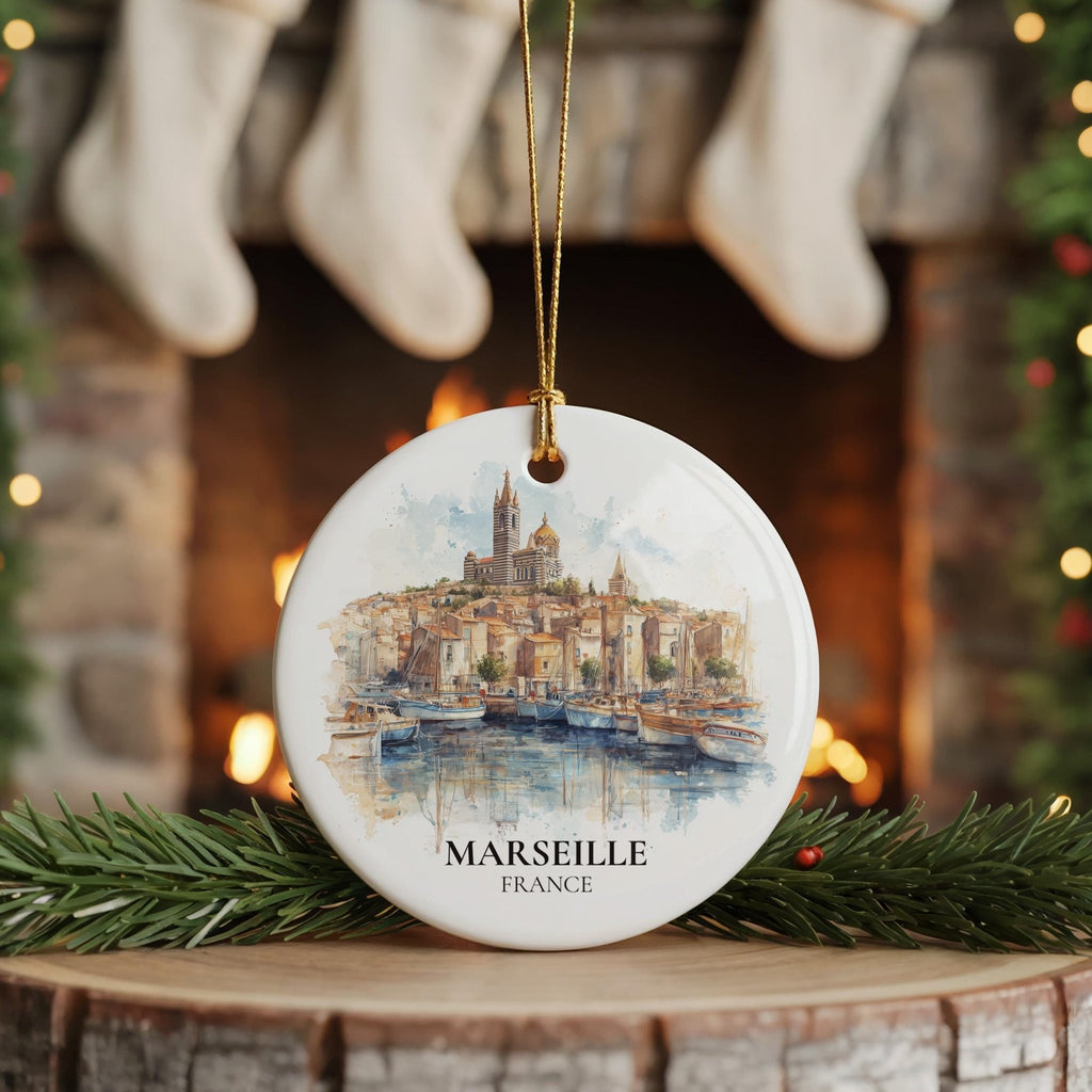 Marseille France Personalized Watercolor Ornament, Custom Ceramic Christmas gift, Travel Keepsake - CuteBeePix