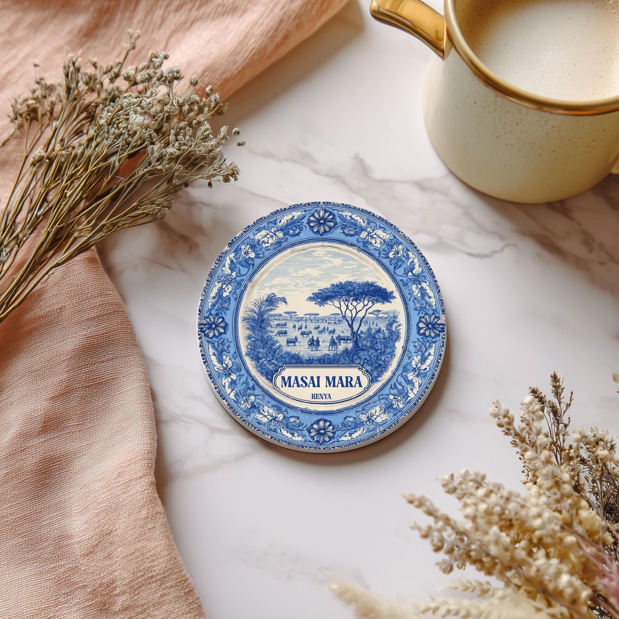 Masai Mara Kenya Delftware Ceramic Coaster, Blue White Travel Gift, Vintage Home Decor Collectible - CuteBeePix