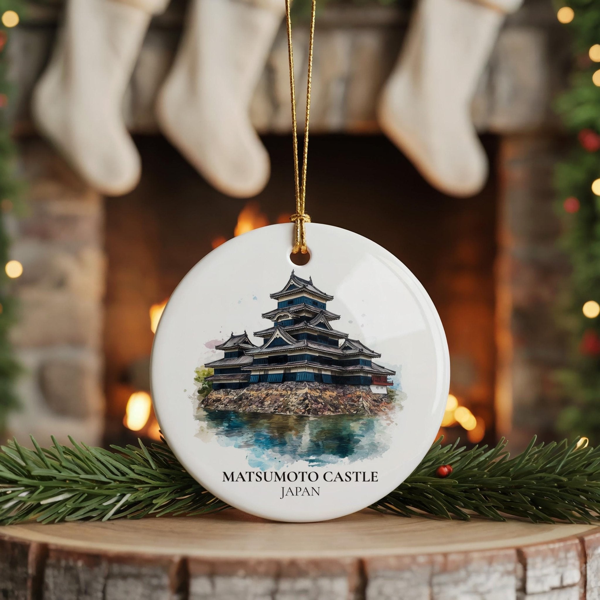 Matsumoto Castle Japan Personalized Watercolor Ornament, Custom Ceramic Christmas gift, Travel Keepsake - CuteBeePix