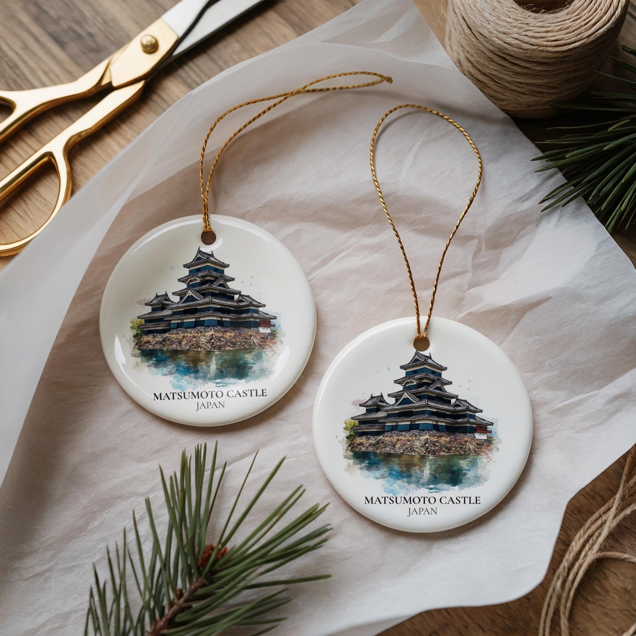 Matsumoto Castle Japan Personalized Watercolor Ornament, Custom Ceramic Christmas gift, Travel Keepsake - CuteBeePix