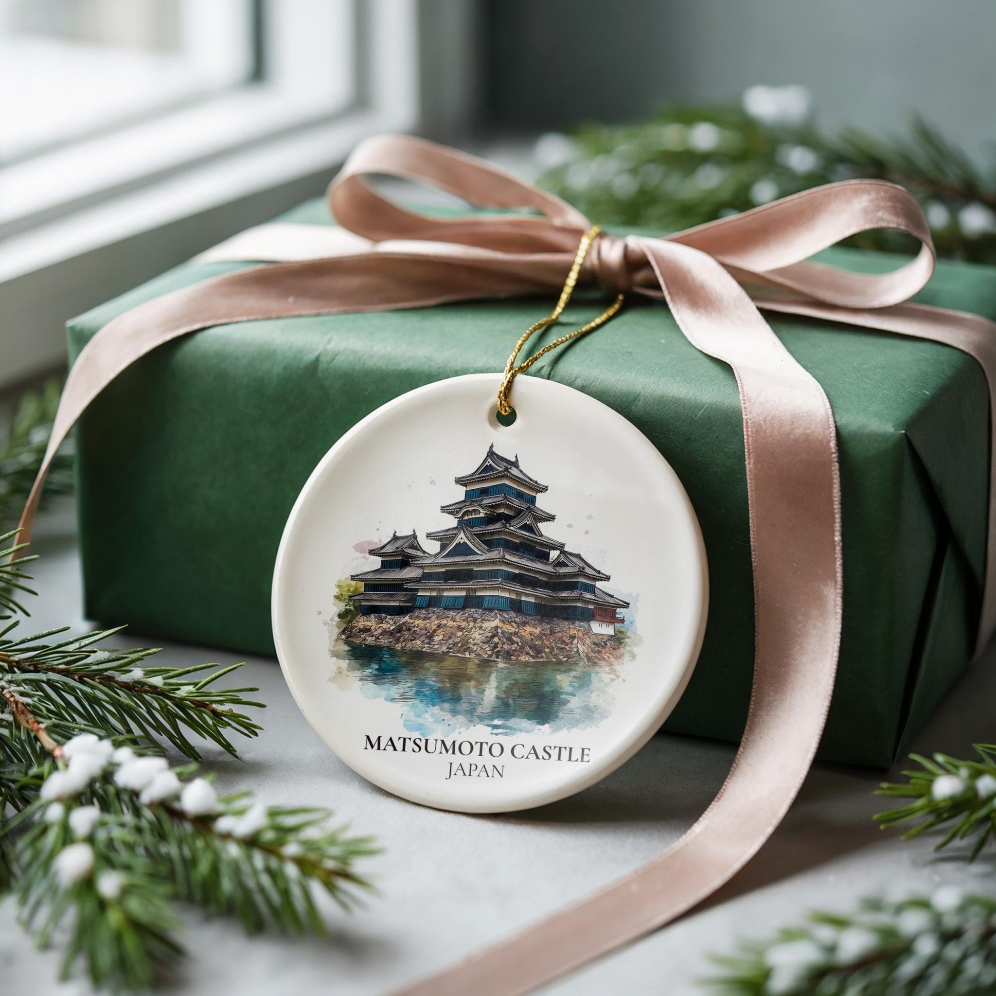 Matsumoto Castle Japan Personalized Watercolor Ornament, Custom Ceramic Christmas gift, Travel Keepsake - CuteBeePix