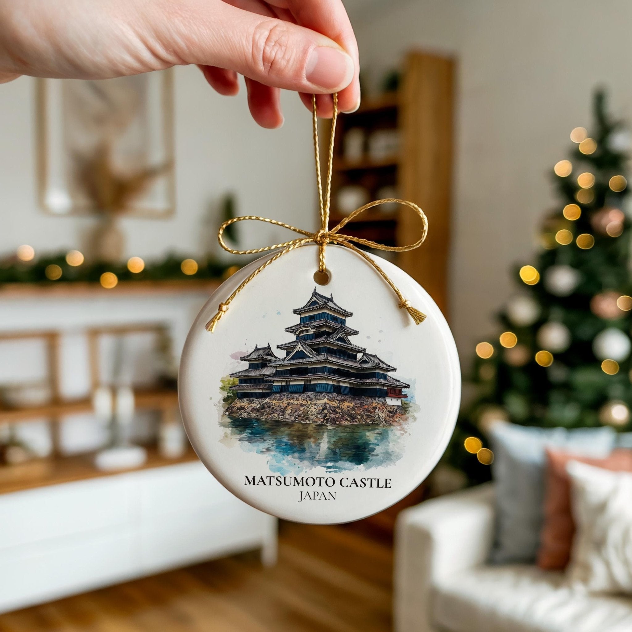 Matsumoto Castle Japan Personalized Watercolor Ornament, Custom Ceramic Christmas gift, Travel Keepsake - CuteBeePix