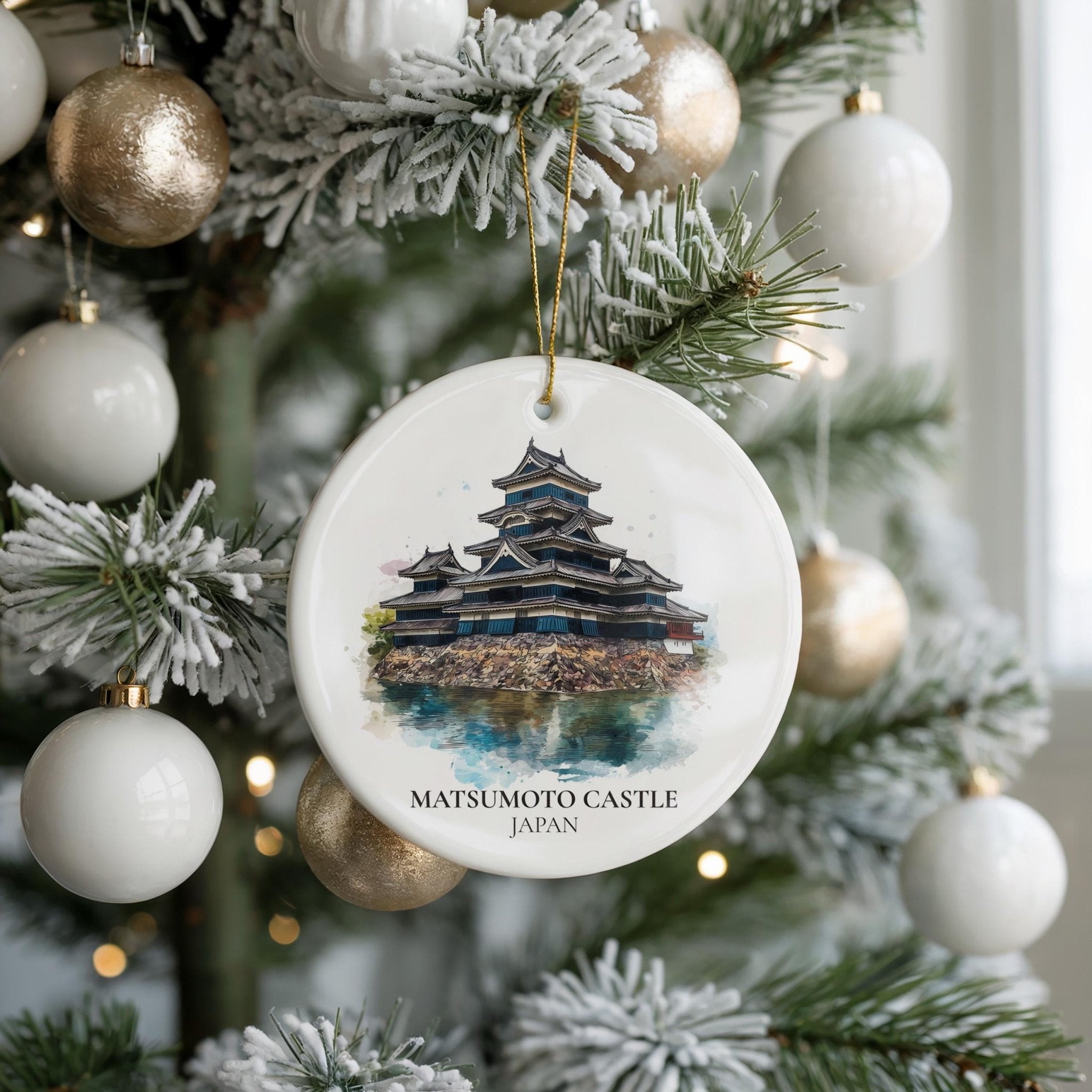 Matsumoto Castle Japan Personalized Watercolor Ornament, Custom Ceramic Christmas gift, Travel Keepsake - CuteBeePix