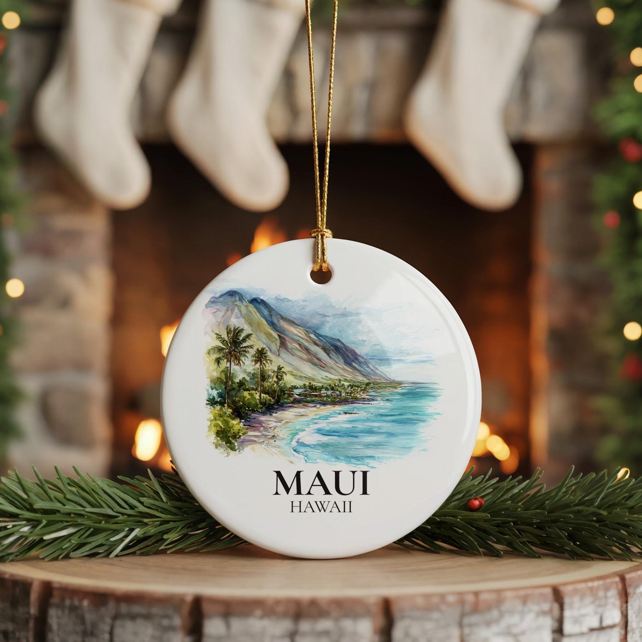 Maui Hawaii Personalized Watercolor Ornament, Custom Ceramic Christmas gift, Travel Keepsake - CuteBeePix