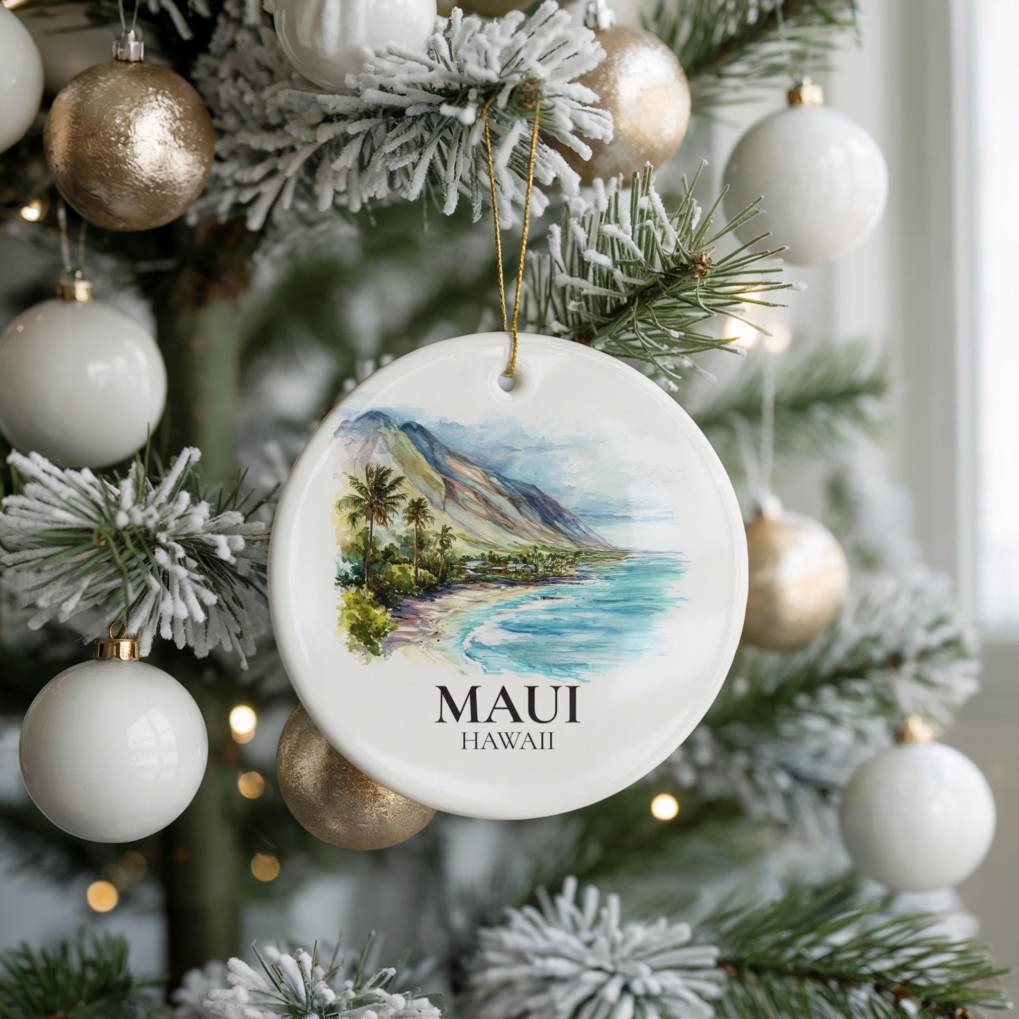 Maui Hawaii Personalized Watercolor Ornament, Custom Ceramic Christmas gift, Travel Keepsake - CuteBeePix