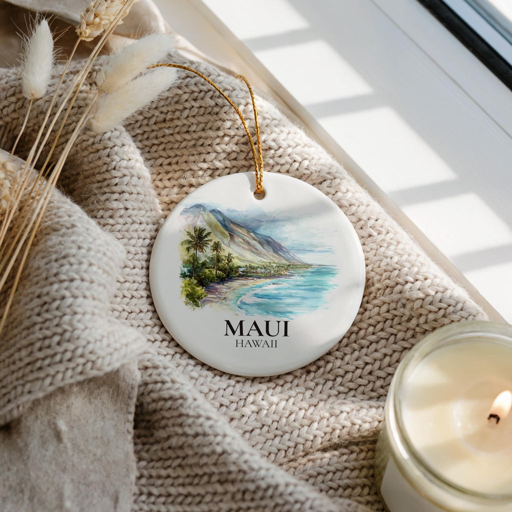 Maui Hawaii Personalized Watercolor Ornament, Custom Ceramic Christmas gift, Travel Keepsake - CuteBeePix