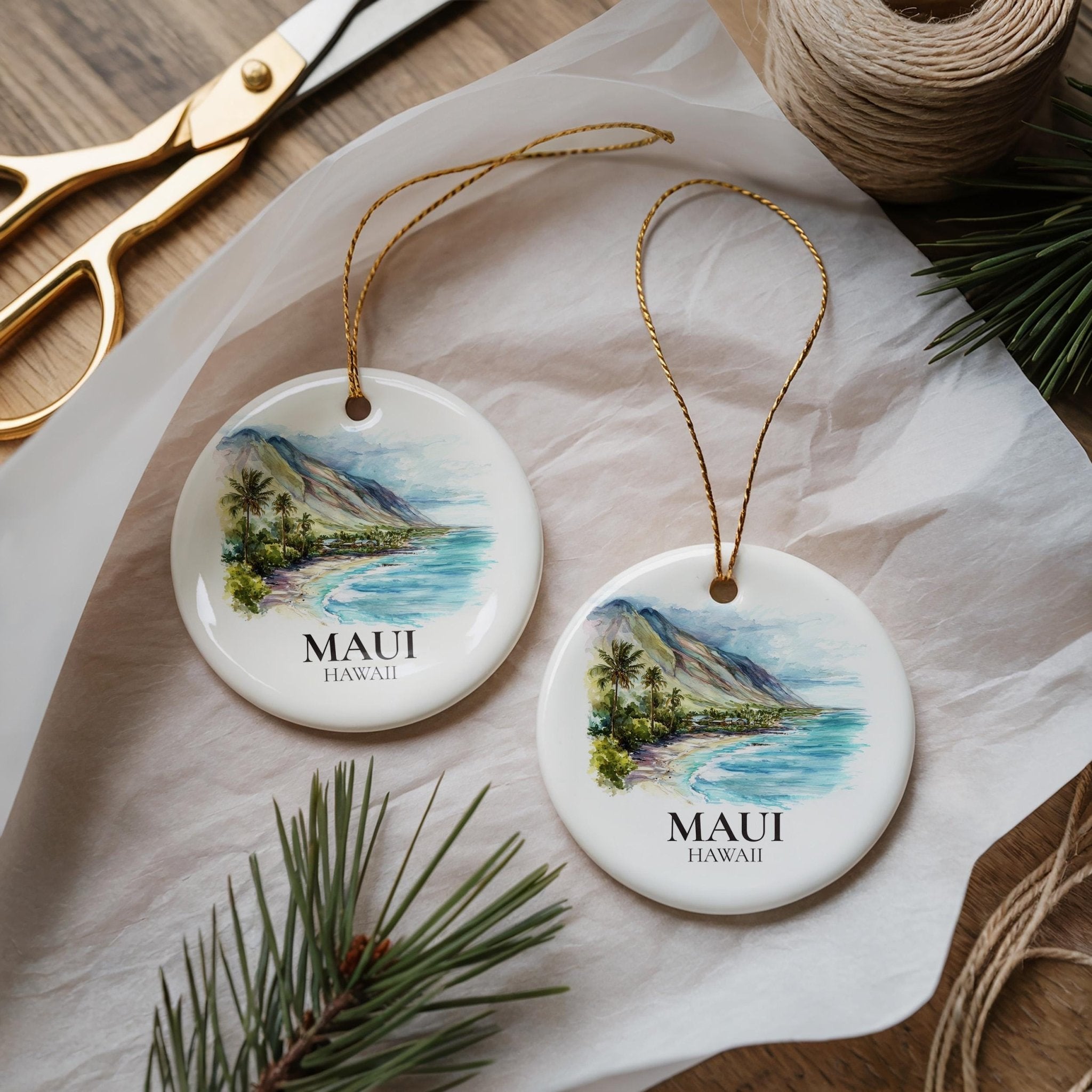 Maui Hawaii Personalized Watercolor Ornament, Custom Ceramic Christmas gift, Travel Keepsake - CuteBeePix