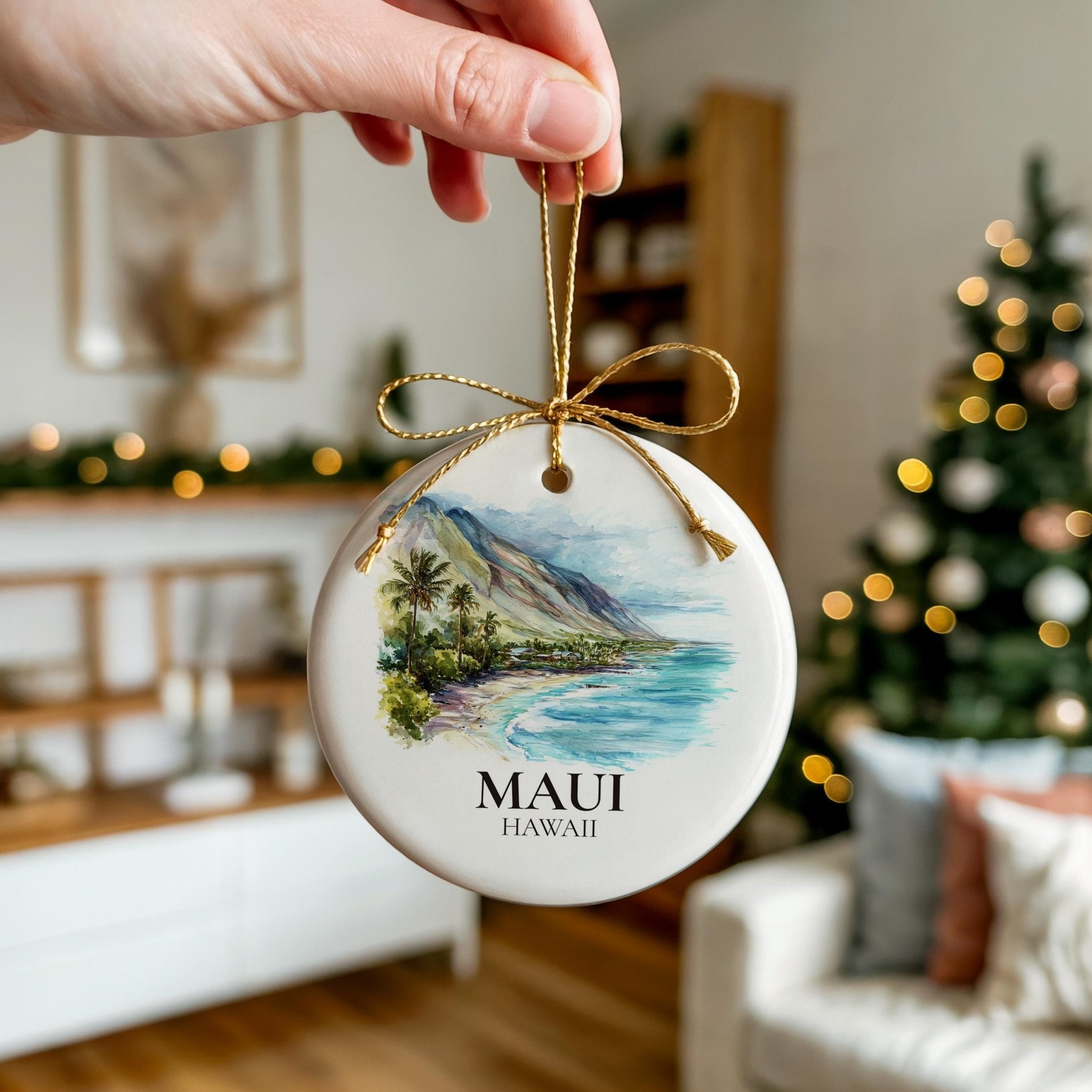 Maui Hawaii Personalized Watercolor Ornament, Custom Ceramic Christmas gift, Travel Keepsake - CuteBeePix