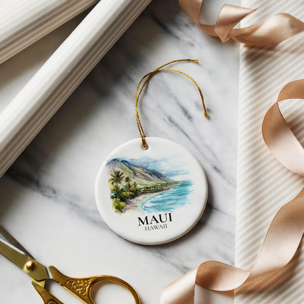 Maui Hawaii Personalized Watercolor Ornament, Custom Ceramic Christmas gift, Travel Keepsake - CuteBeePix